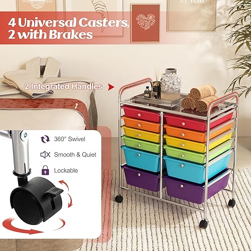 Miniatura 5 de COSTWAY Carrito de almacenamiento con ruedas de 12 cajones, organizador de manualidades movible con ruedas bloqueables, estante de metal,