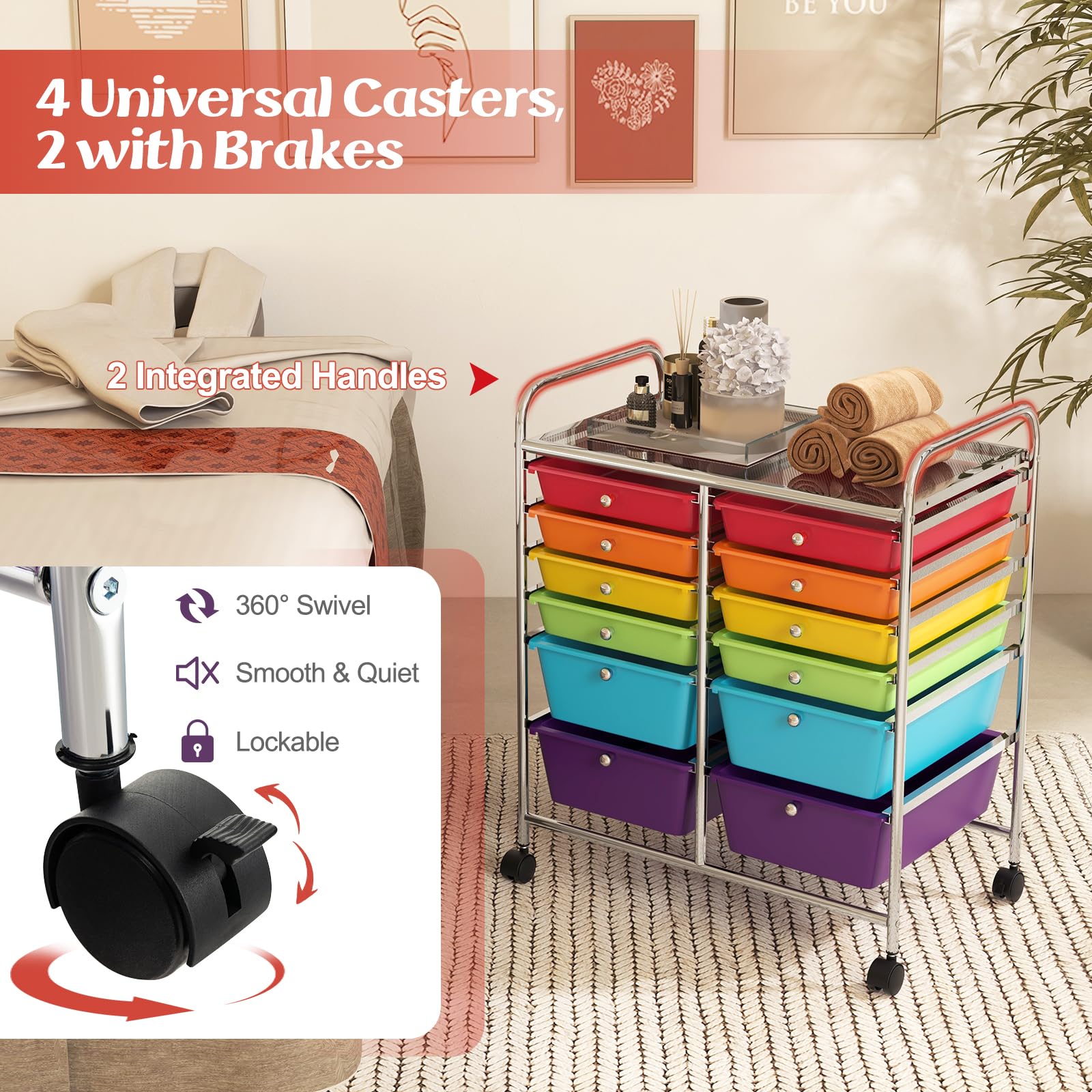 Carrito multiusos de 12 segundos con ruedas Lockab, versátil para manualidades de oficina en casa, carrito práctico y colorido