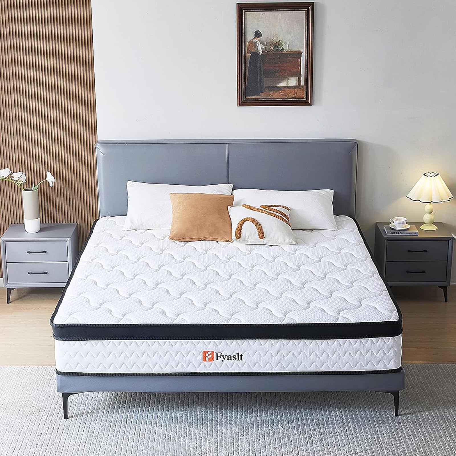 Fyaslt King Size Mattress, 12 Inch Memory Foam Hybrid Mattress King, Pocket Spring Mattress in a Box for Motion Isolation,Strong Edge Support,