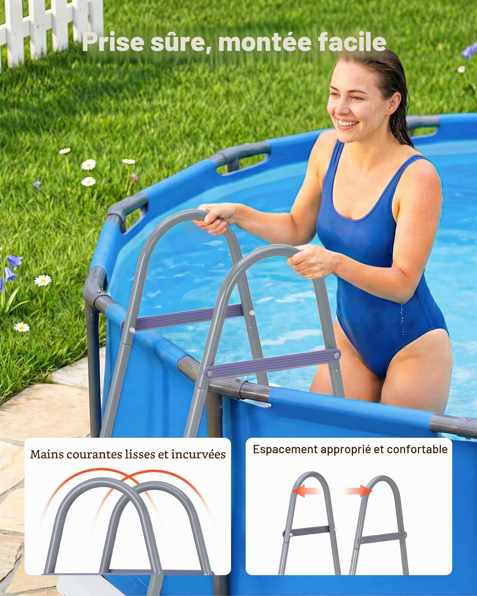 VEVOR Échelle de Piscine Hors Sol 122 cm Acier Carbone 4 Marches PP Antidérapantes Capacité Charge 136 kg Gris Blanc