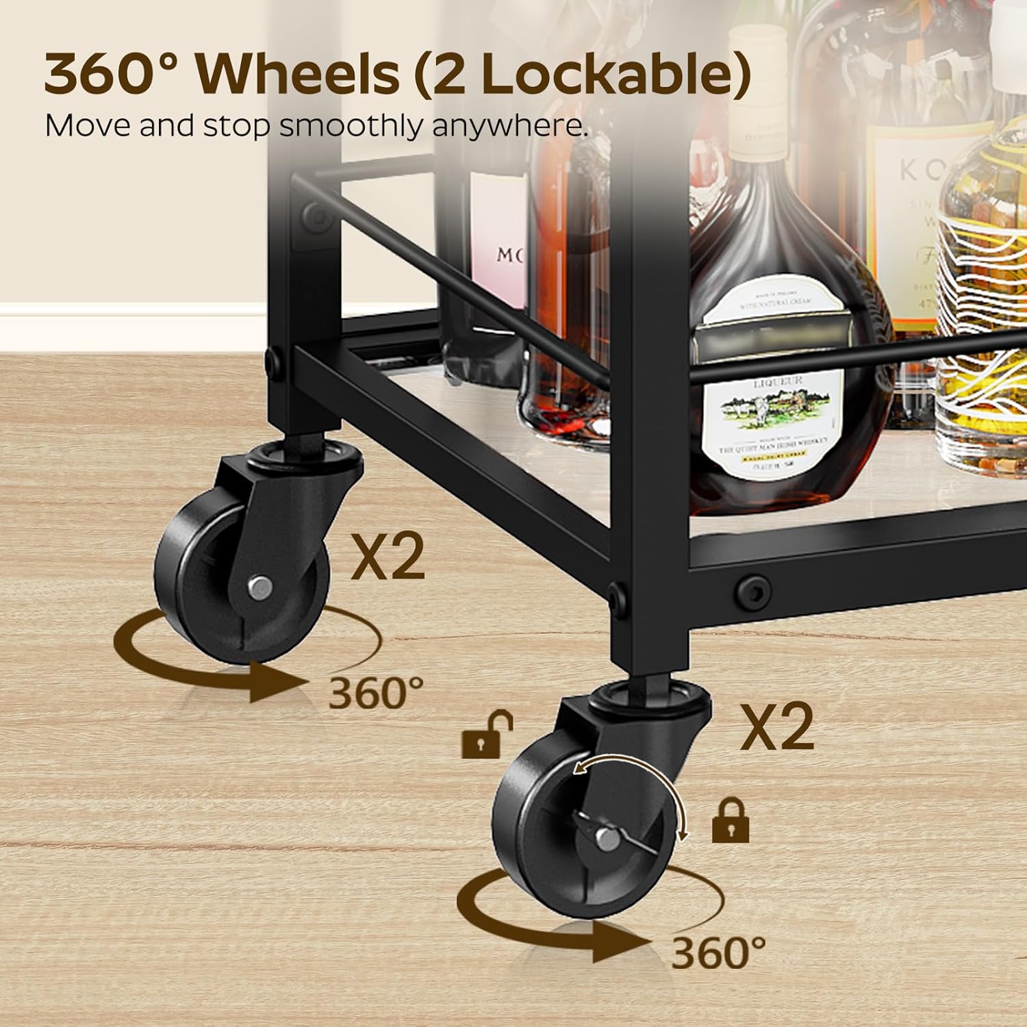 YATINEY Bar Cart for The Home, 3-Tier Serving Cart with Wheels, Drink Cart with Glass Holder, Rolling Beverage Cart for Kitchen, Party, Black BC03BK