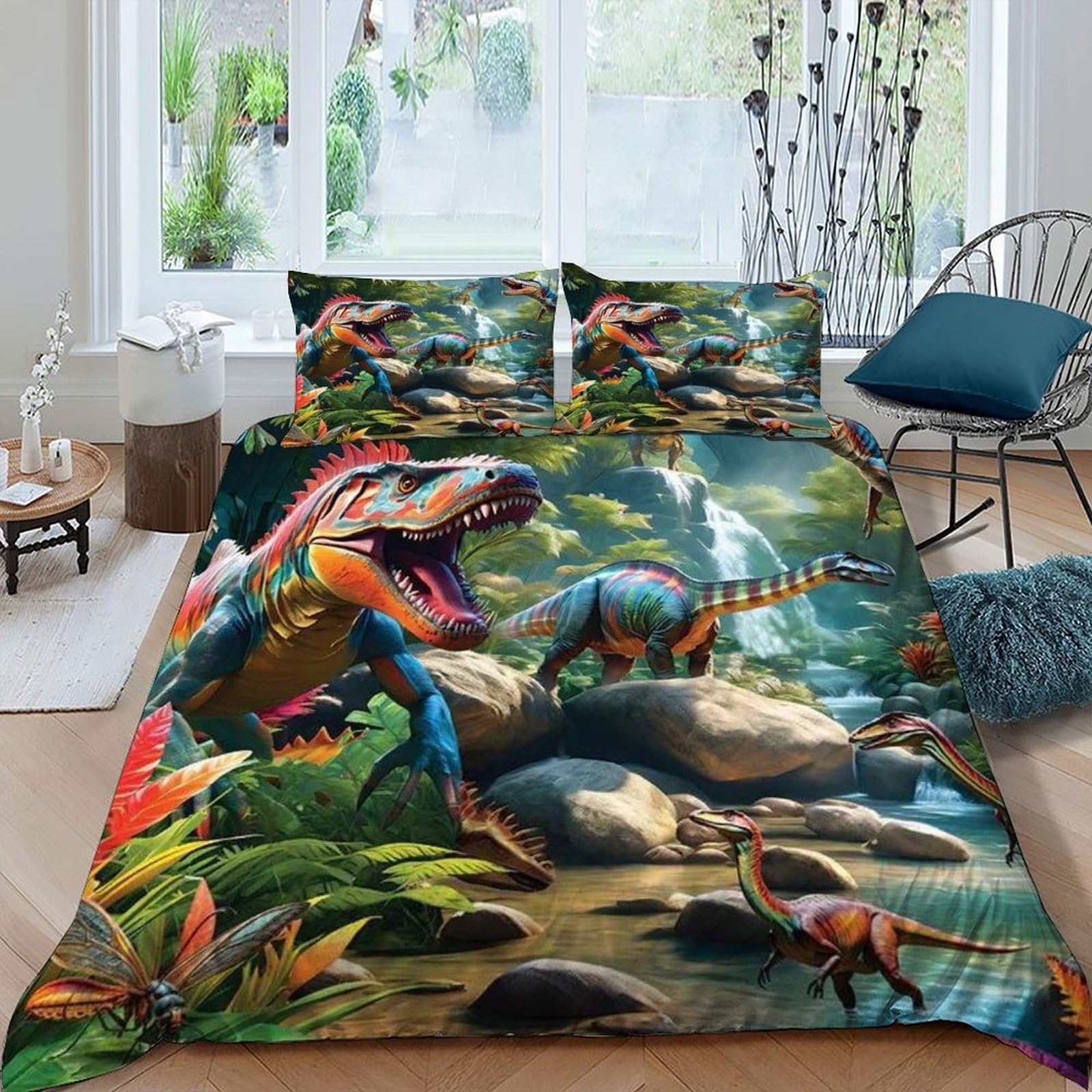 Dinosaurs Jungle Bedding Set Theme Bedspread Animal Theme Duvet Cover Set Microfiber Comforter Cover Universal for All Seasons Pillowcase King（220x240cm）
