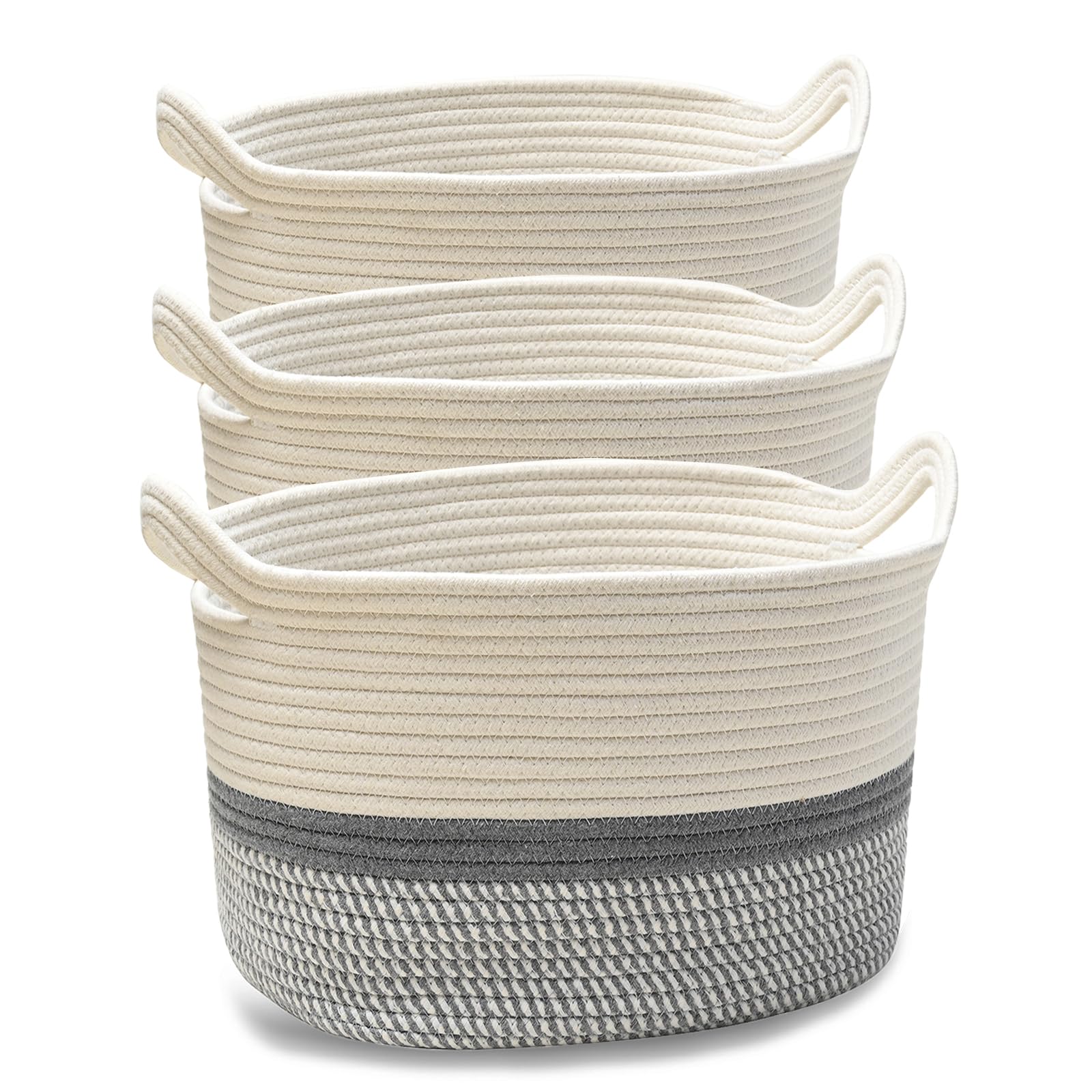 JIA QAQ Square Cotton Rope Samll Baskets With Handles for Toys, Household, Nursery, Handcrafted Woven Gift Baskets for Storage and Organization,13.5x11x9.5inch (3pack-grey)