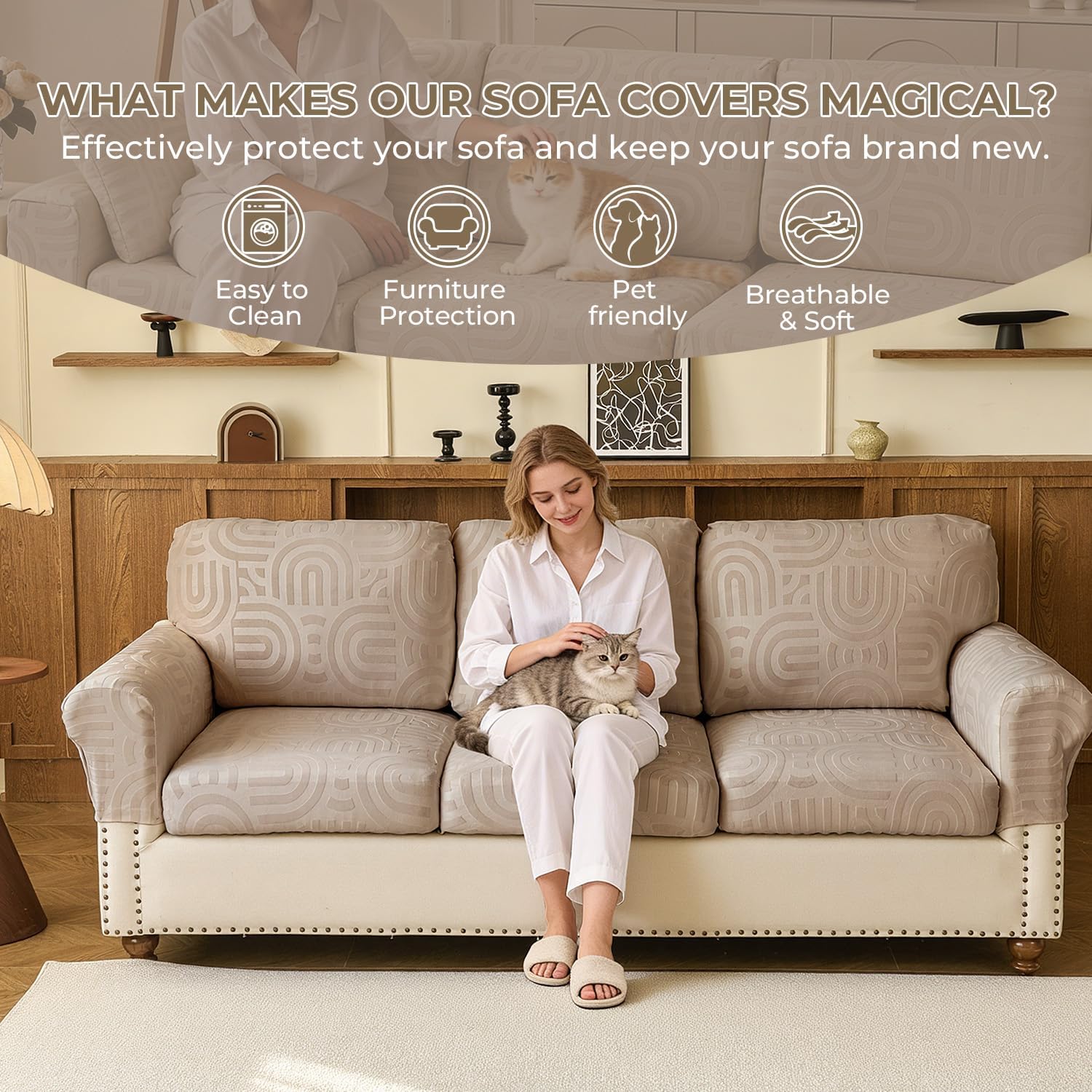 Couch Cushion Covers for Sectional Sofa Seat Cushion Cover Stretch Washable Separate Sofa Slipcovers Wear-Resistant Universal Furniture Protector (Taupe, 3 PC Seat or Back Covers)