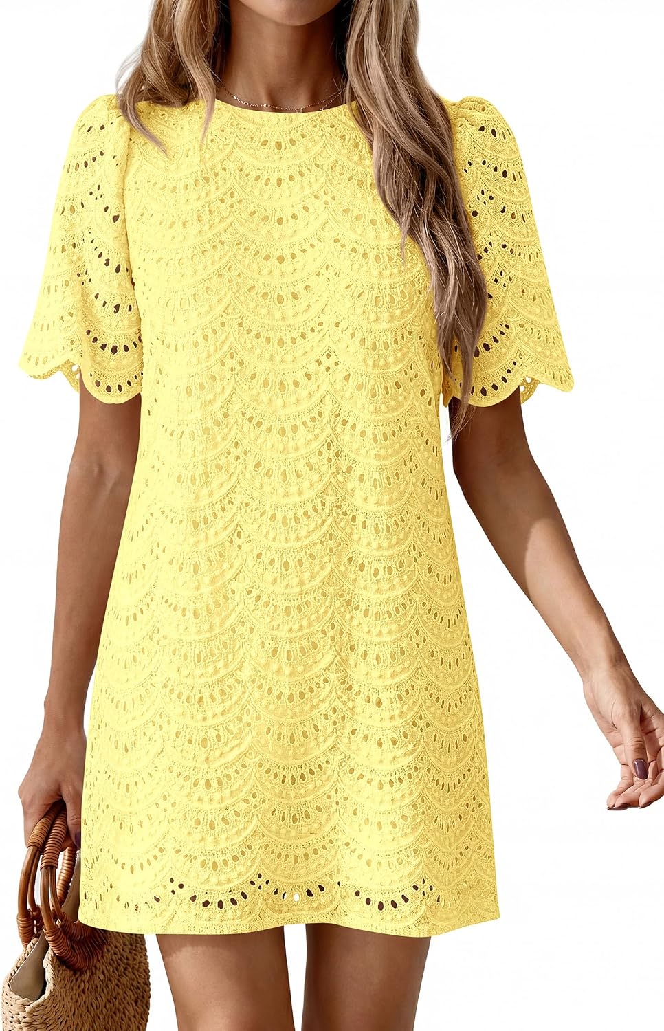 PRETTYGARDEN Women's 2026 Summer Casual Short Dresses Embroidered Lace Short Sleeve Boho Mini Dress Beach Vacation Clothes
