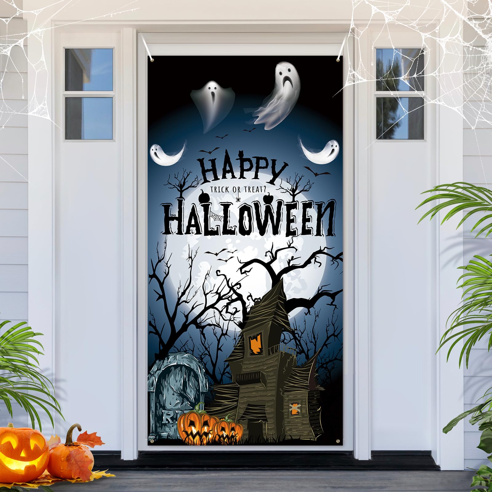 PartyYaa Halloween Door Banner, Halloween Banner Photo Booth Decorations, Ghost & Haunted House Porch Sign Party Ornament for Indoor Outdoor (Black)
