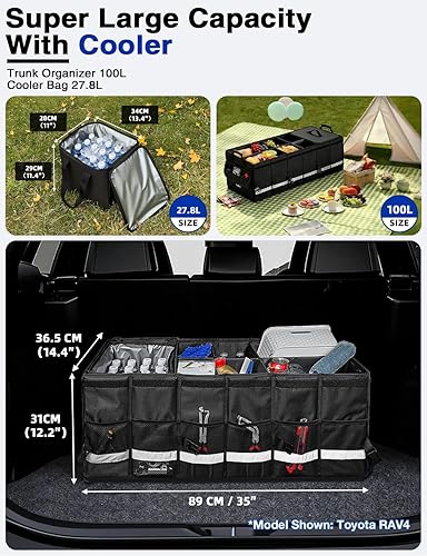Miniatura 3 de Organizador de maletero de automóvil de 100 litros con tapa plegable y bolsa de refrigeración extraíble, bolsa de panel Molle, triple ángel