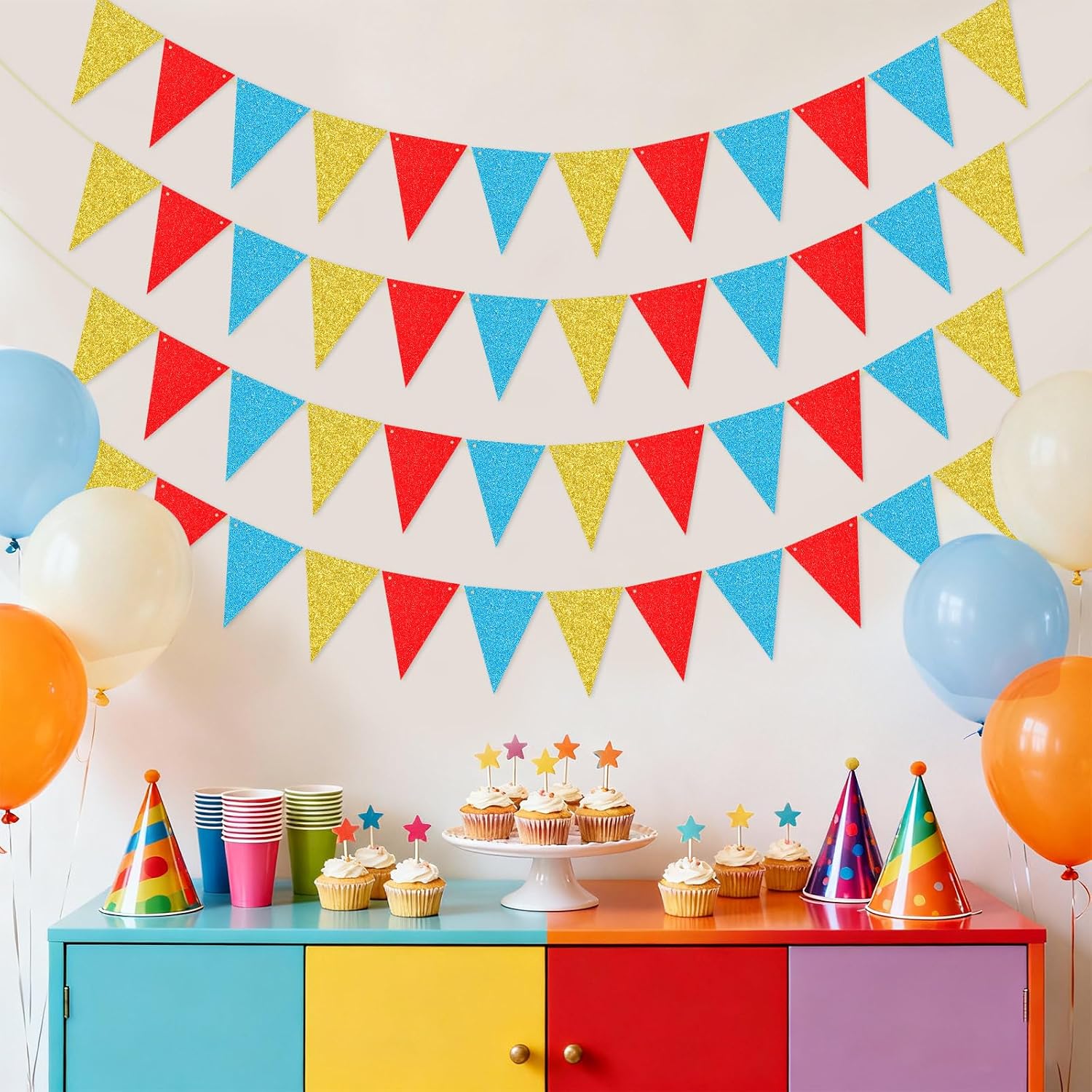 4 Pack Colorful Triangle Banner Flag 48 Pcs Pennant Banner Flags Glitter Garland Wall Door Hanging Banners for Birthday Graduation Classroom School Party Backdrop Decorations Gold, Red, Blue