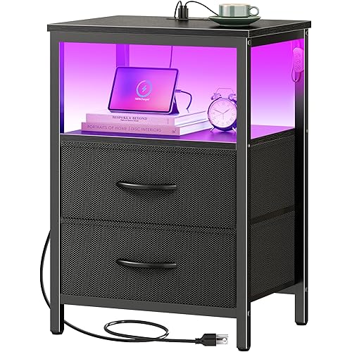 Huuger Night Stand with Charger Station and LED Lights, 2 Drawer Nightstand, Bed Side Table with Open Shelf, End Table, Fabric Dresser for Bedroom, Black