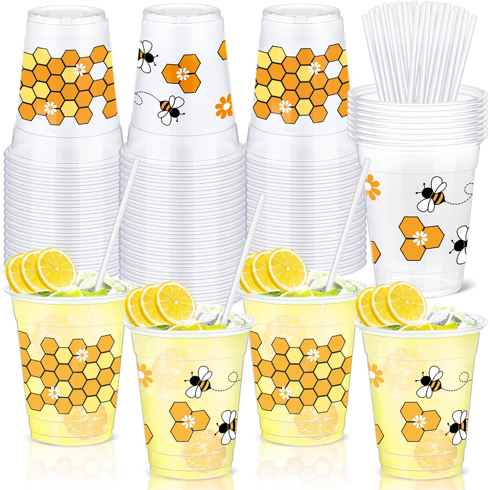 Sliner 50 Pcs Clear Honey Cups - 12 oz Disposable Drinking Cups with Straws - Bee Theme Party Favors for Kitchen, Baby Shower