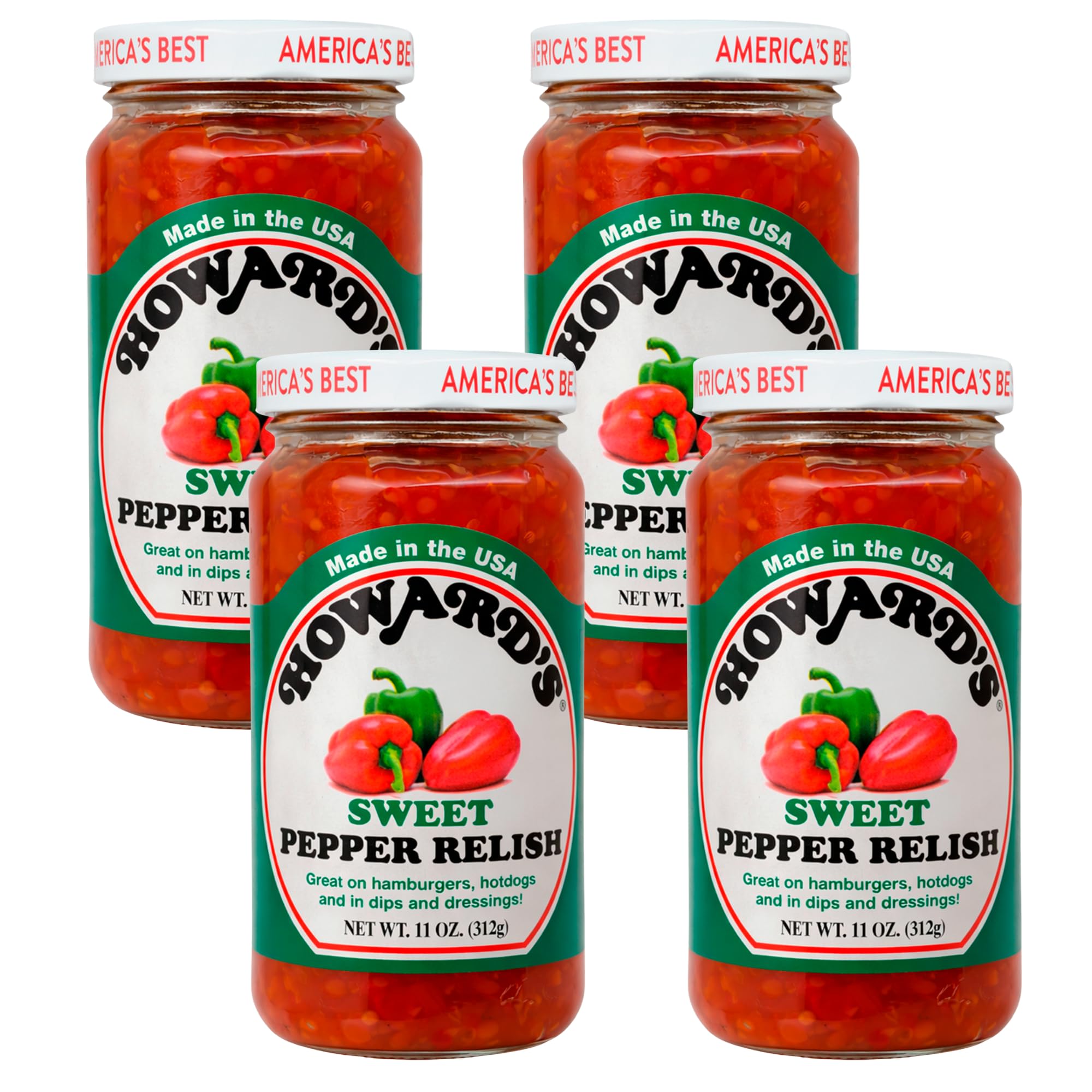 Howard’s Sweet Pepper Relish, 11 oz | Classic Sweet & Tangy Relish Made with Fresh Bell Peppers | Perfect for Hot Dogs, Burgers, Sandwiches & More | Gluten-Free [Pack of 4]