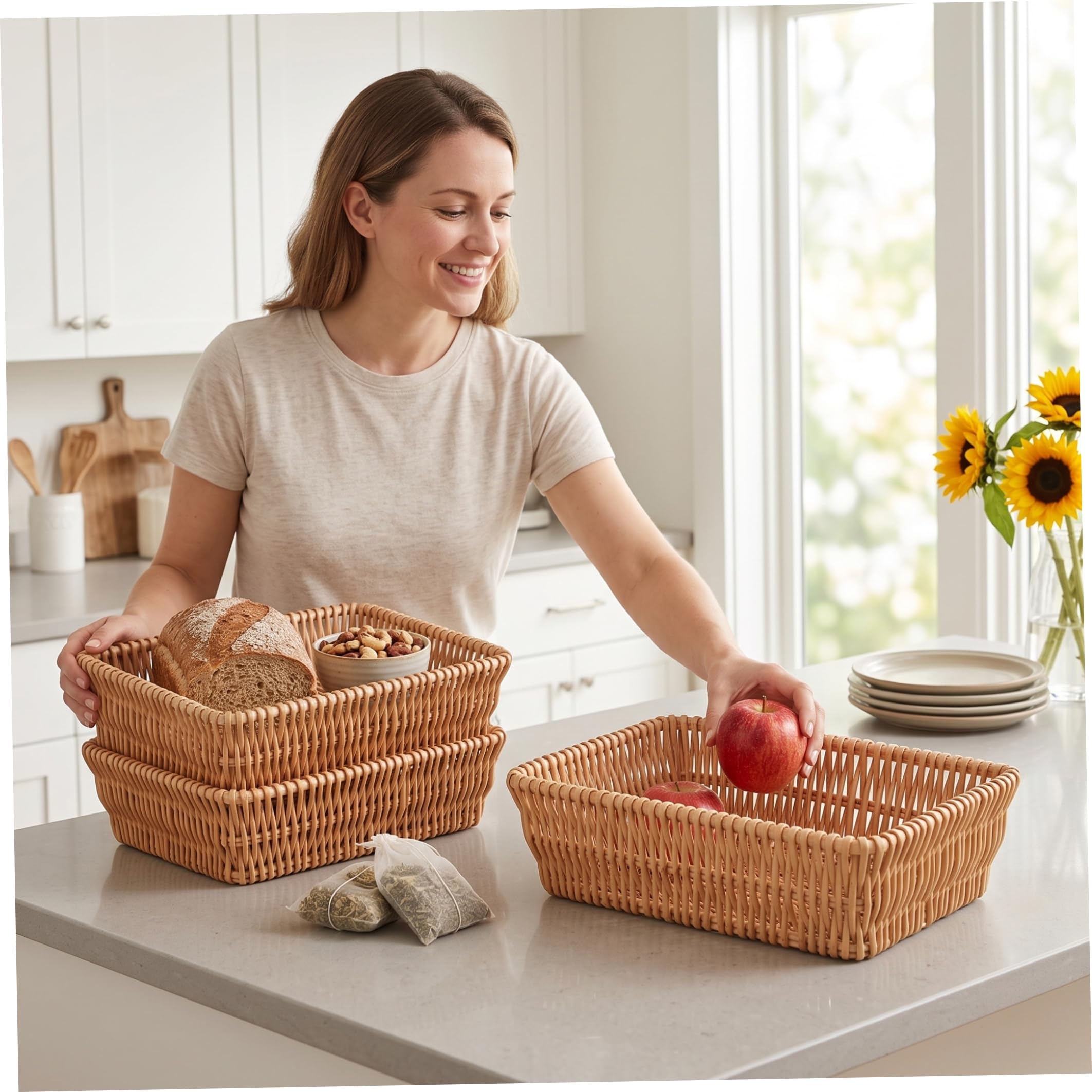 Bandeja para Mesa de Centro Bandeja Tejida Natural 40x30x8cm | Material natural apto para alimentos, apilable, ahorra espacio, multiusos para interiores y exteriores.