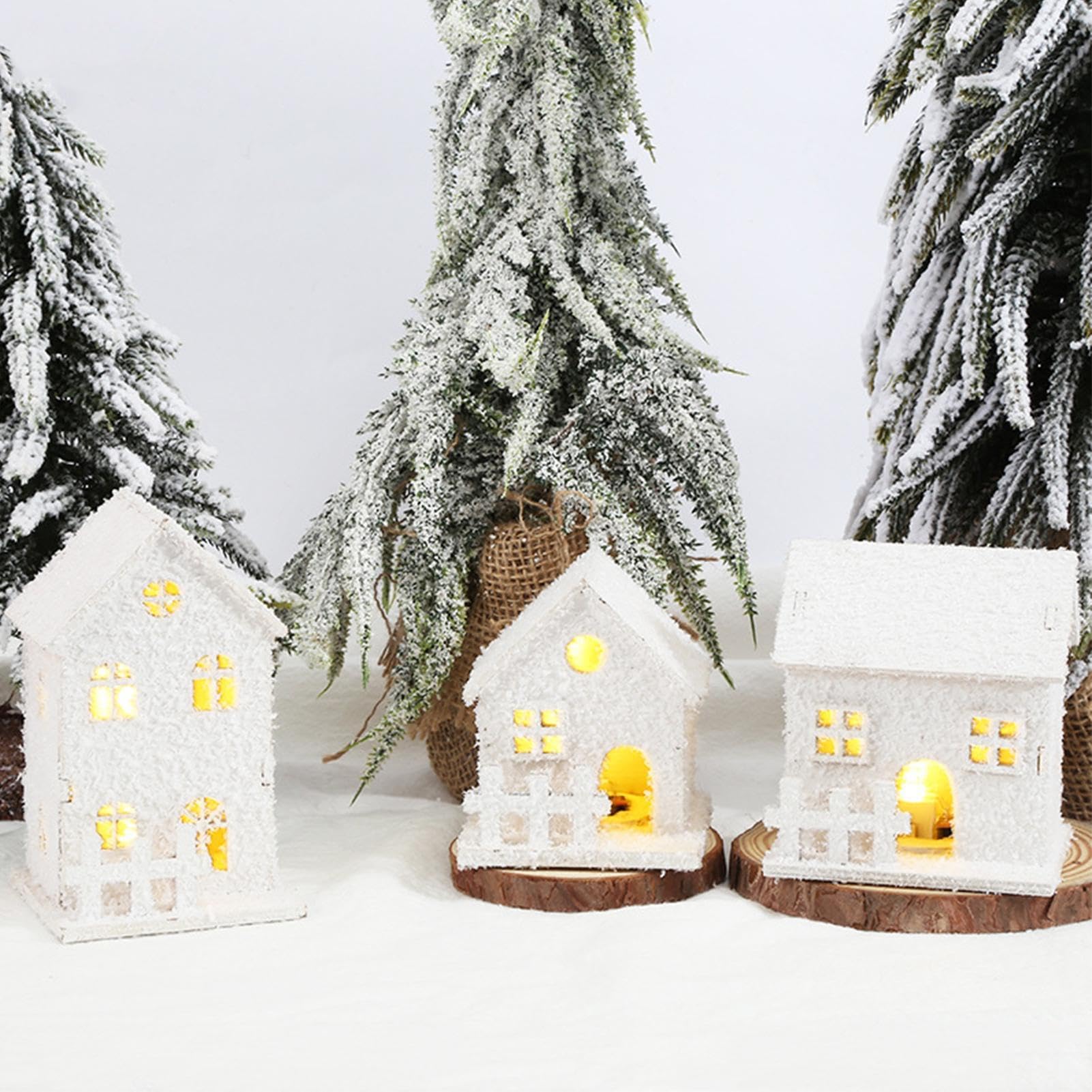 Dirfuny 3 Pieces LED Lighted Small Wooden Snow Village Houses for Christmas Tabletop Decor