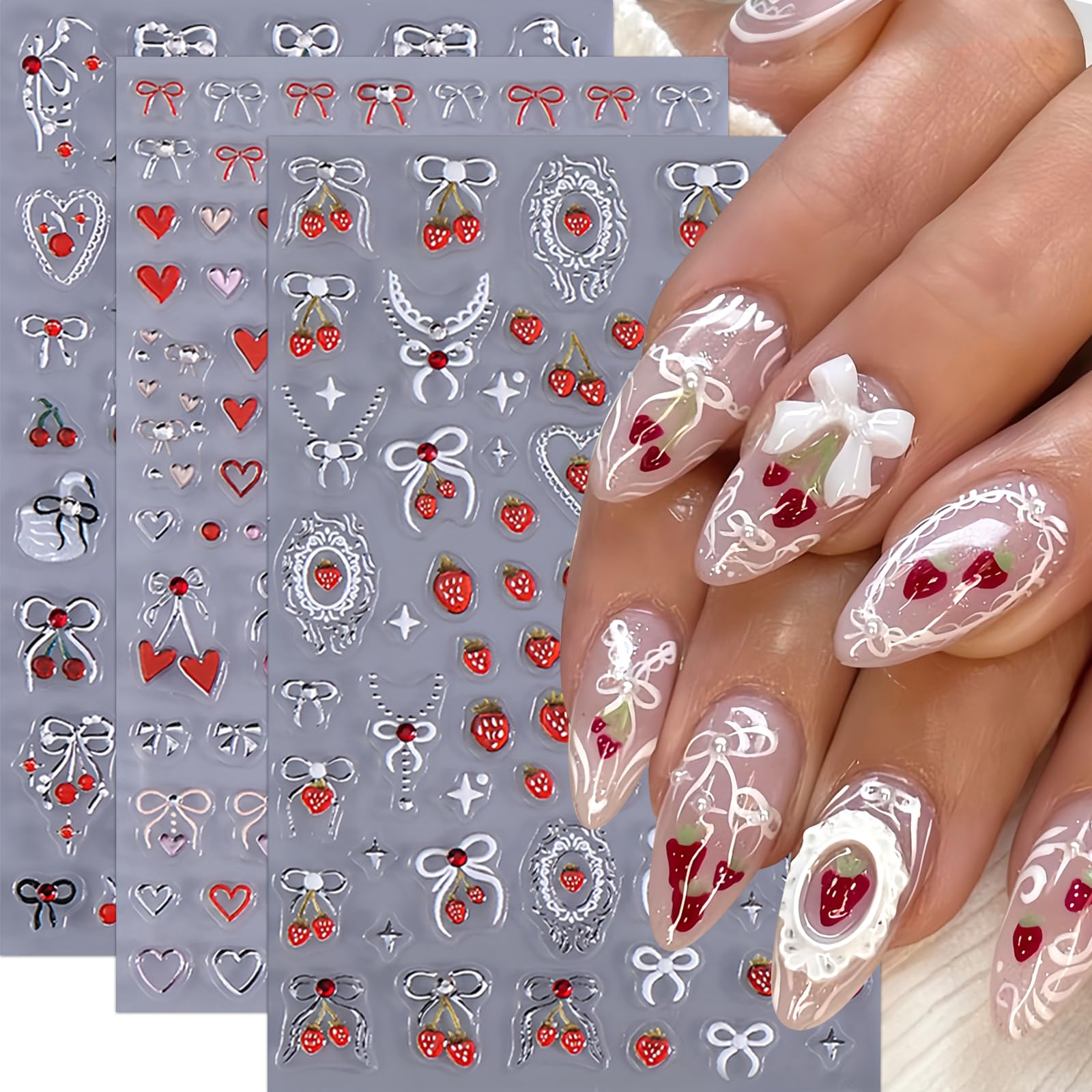 3Pcs 5D Embossed Bow Nail Stickers Self-Adhesive Heart Strawberry Cherry Ribbons Nail Decals Valentines Nail Art Pegatinas Uñas Heart Love Bow Tie