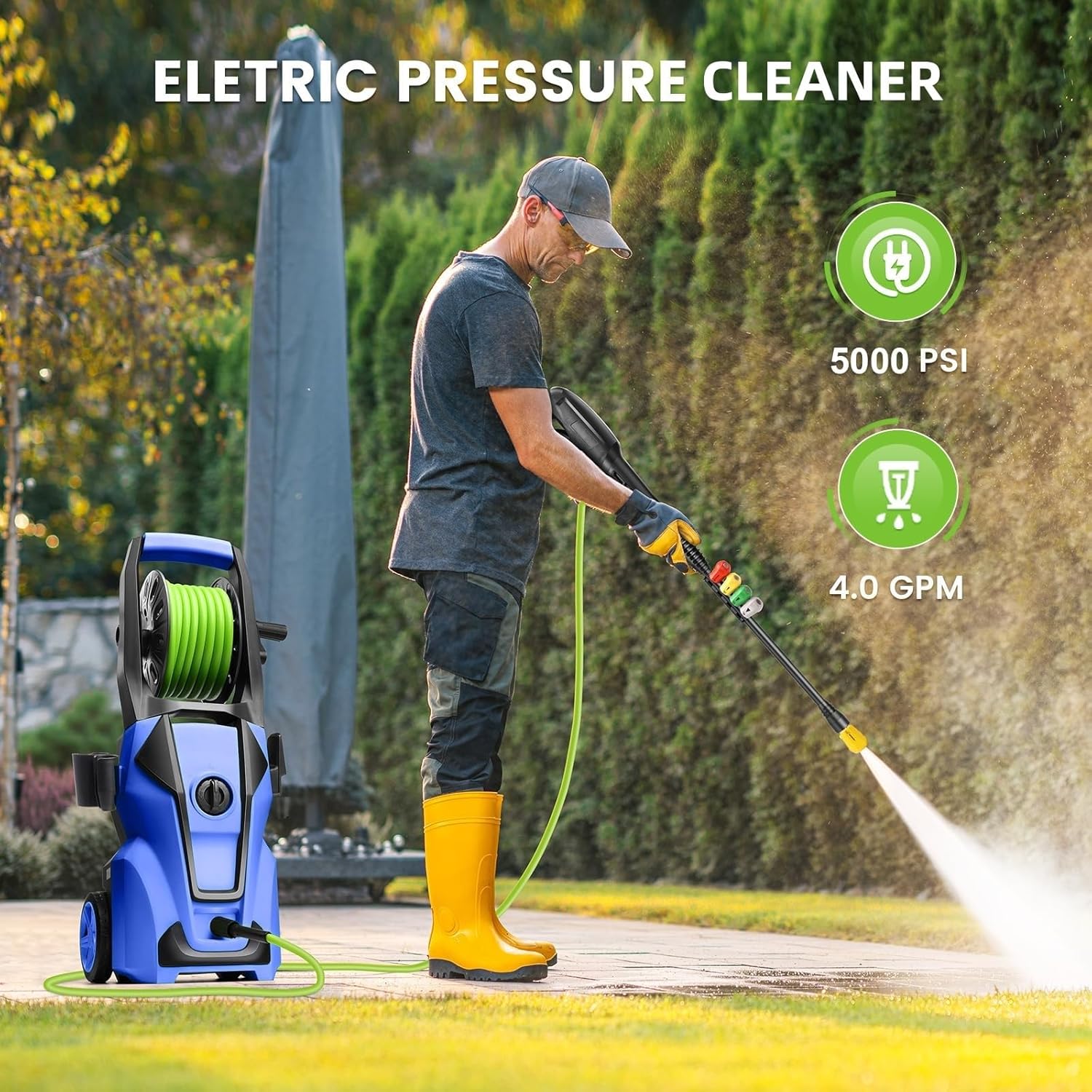 Pressure Cleaner Adjustable 5000PSI 4.0 GPM High Power Cleaners with 33ft Hose Reel, 4 Nozzle and Foam Cannon, Power Cleaners Machine for Home, Cars, Patio (Light Blue)