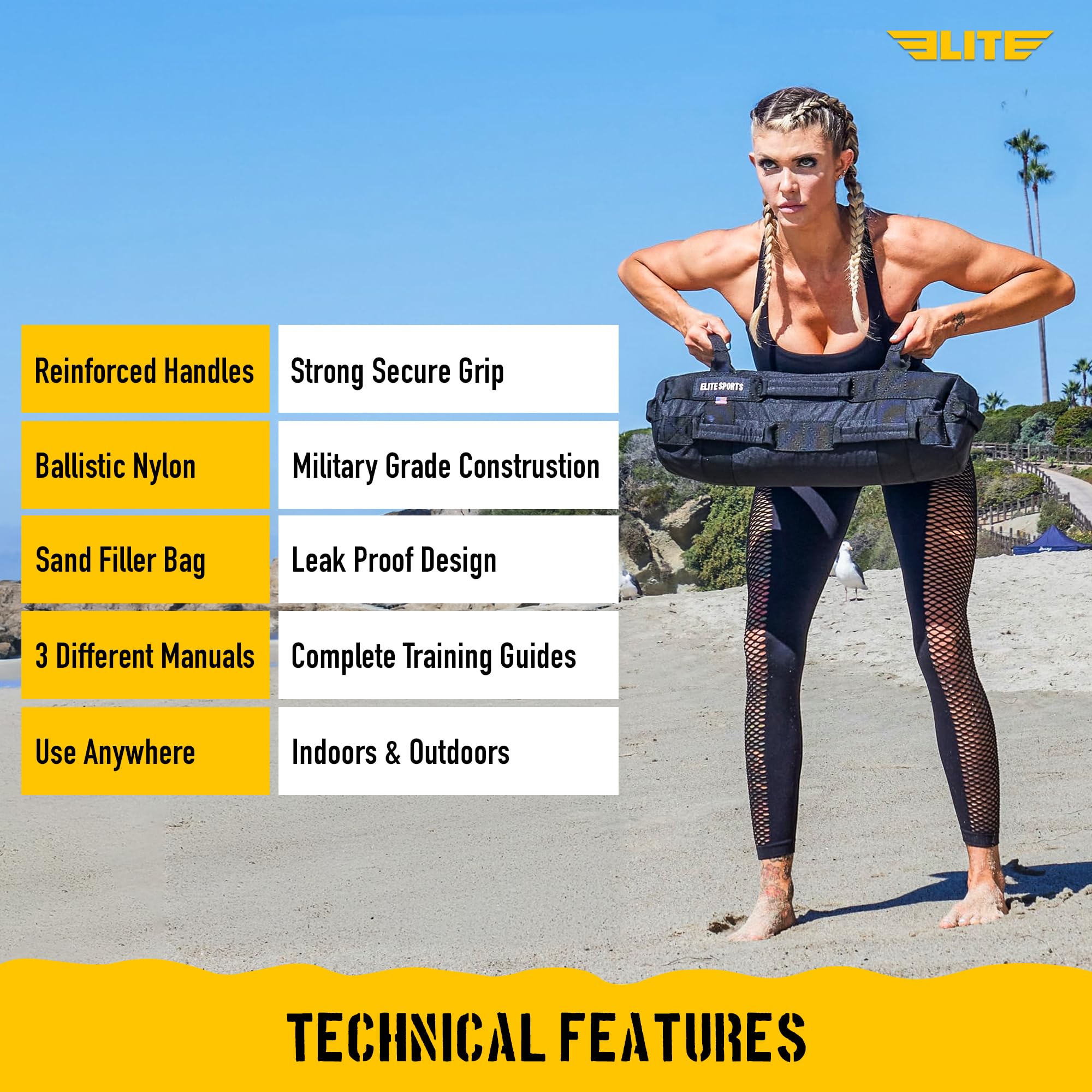 Elite Sports Saco de Arena para Entrenamiento versátil e intensivo para músculos centrales, Entrenamiento de Fuerza con colocación estratégica del Mango (25 Libras, Negro)