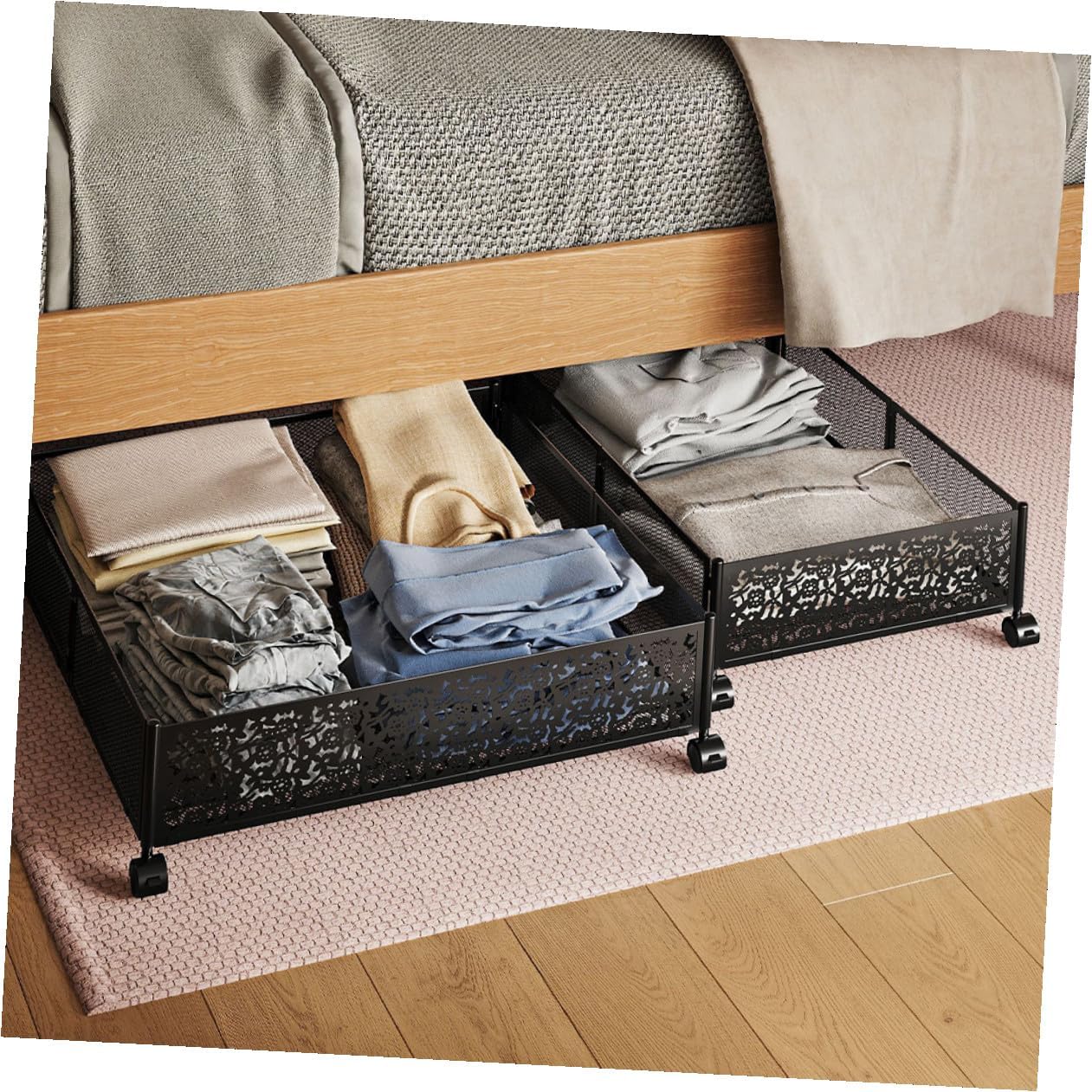 Unomor Bed Storage Drawers with Wheels, Foldable Flat Iron Frame Organizer, Black Patterned Underbed Storage for Clothes and Bedroom Space Saving