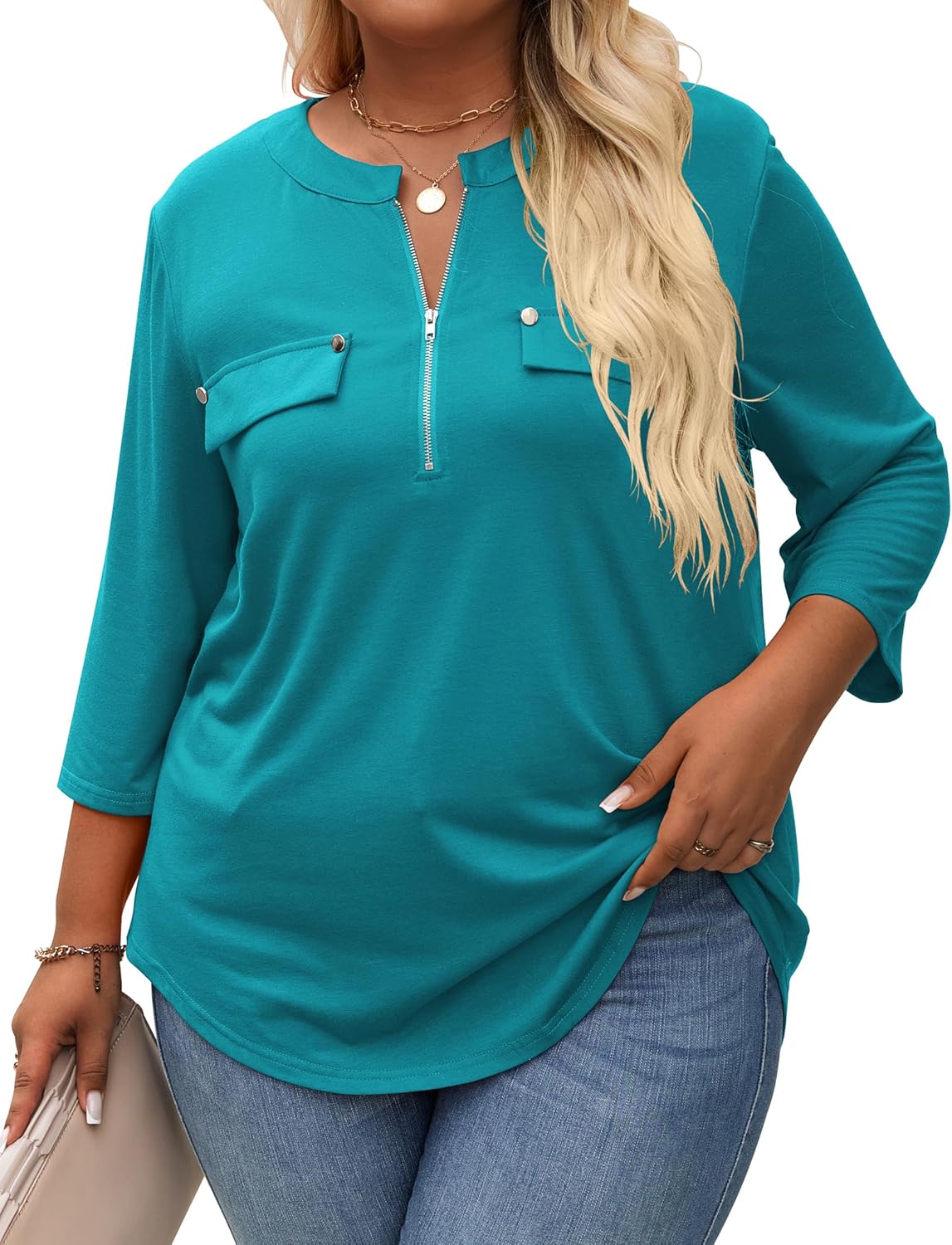 Kancystore Women's Plus Size 3/4 Length Sleeve Tops V Neck Shirts Work Blouses Zipper Spring Tunics XL-5X - Image 2
