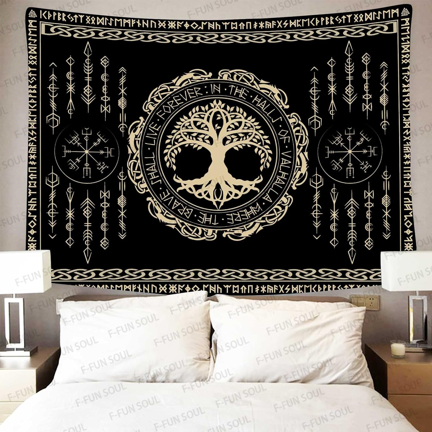 Nordic Vikings Tapestry, 100x90inches Soft Flannel, Viking Yggdrasil Tree of Life Celtic Rune Scandinavian Aesthetic Mythology Tapestry Wall Hanging for Bedroom Living Room Decor GTZYFS1801