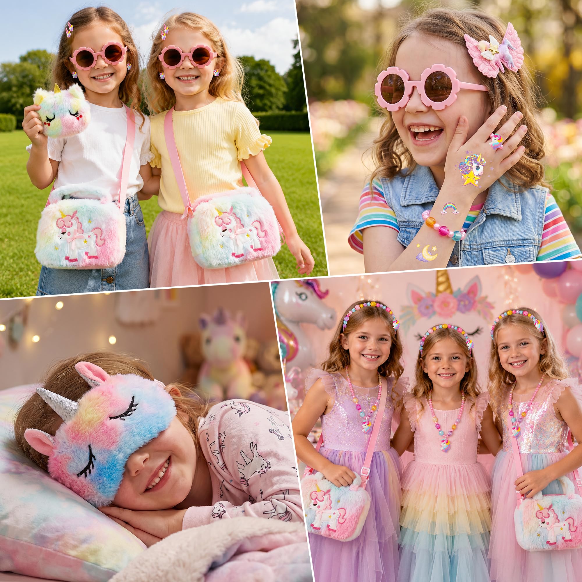 Einhorn Handtasche Schmuckset für Mädchen - Umhängetasche mit Kinderschmuck, Sonnenbrille, Tattoos, Haarspange, Geldbörse und Schlafmaske, Einhorn Geschenk für Mädchen 2-8 Jahre