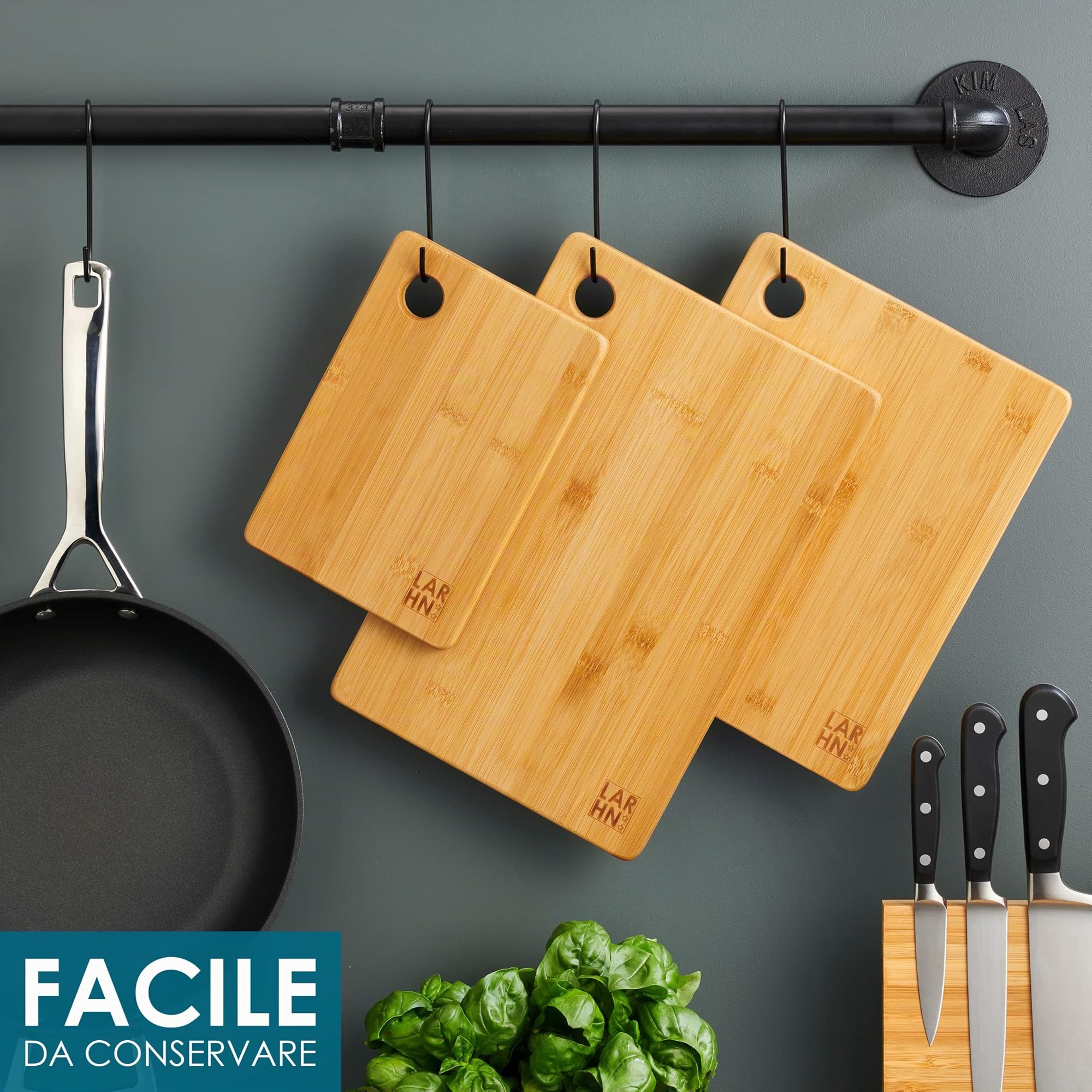LARHN. Set Taglieri da Cucina in Legno di Bambù - 3 Pezzi Extra Spessi 1,5 cm - Tagliere da Cucina 33x22 / 28x22 / 22x15 cm - Resistenti, Facili da Pulire e Delicati sulle Lame