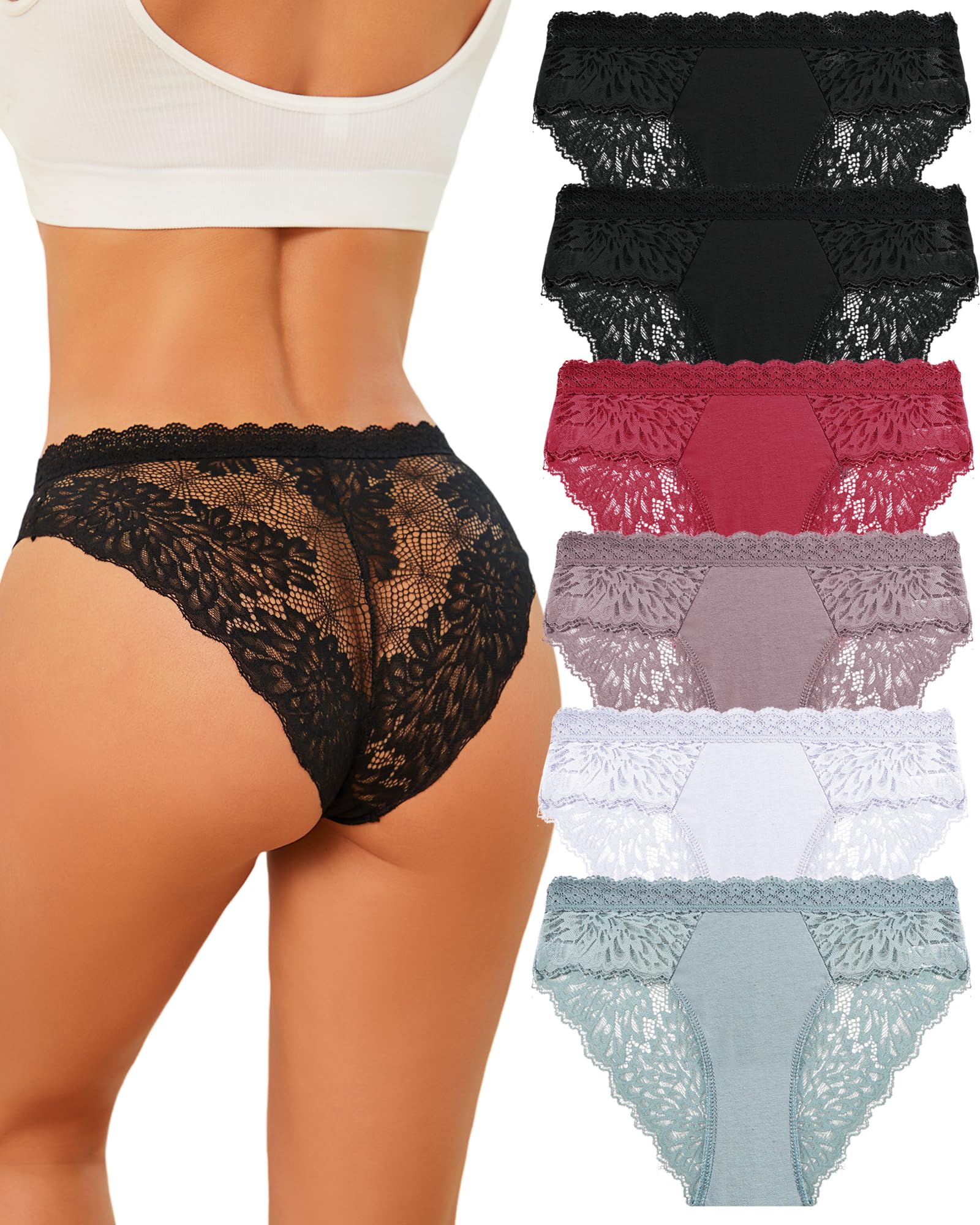 FINETOO 6 Pack Bikini Underwear for Women Sexy Lace Cheeky Panties Low Rise Hipster Cotton Panty