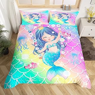 Erosebridal Mermaid Duvet Cover Ocean Jellyfish Cute Bedding Set for Boys Girls,Gradient Teal Green Yellow Pink Purple Glitter Fish Scale Comforter Cover Queen,Flowers Swing Kawaii Room Decor