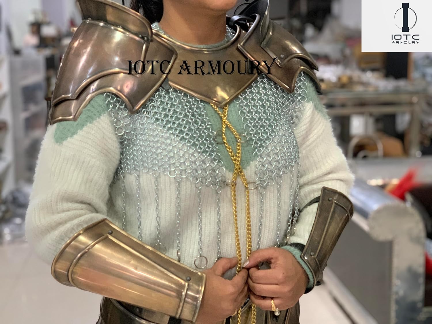Medieval Brave Lady Armor Chainmail Tasset & Top With Gorget & Pair Of Pauldron-Brass Arm Braces-Female Chainmail Body Armor Suit For LARP, Cosplay Event's, Fantasy & Halloween Party Costume