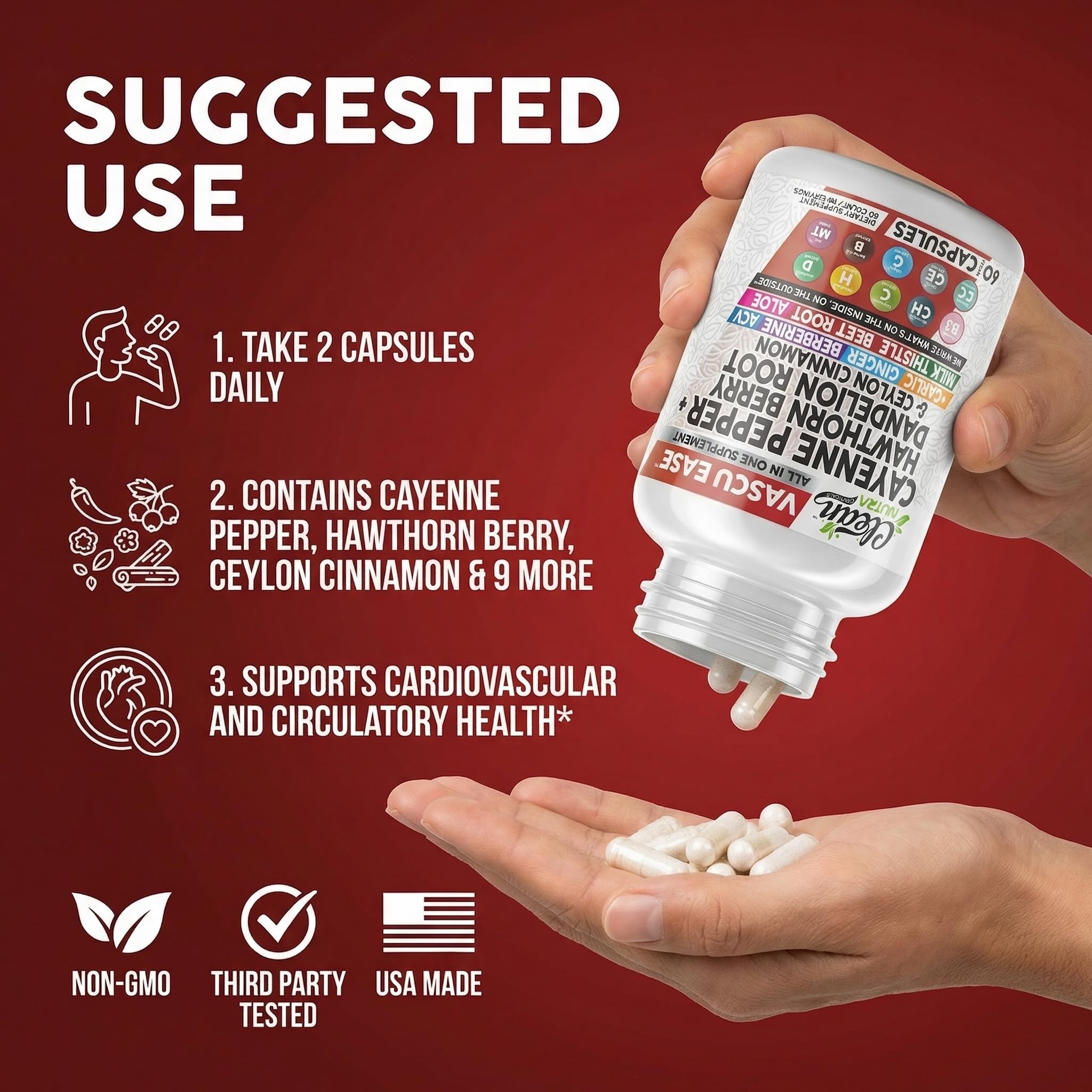Clean Nutra Cayenne Pepper Capsules Supplement with Hawthorn Berry, Dandelion Root, Ceylon Cinnamon, Garlic, Ginger, Berberine, Apple Cider Vinegar, Milk Thistle, Beet Root, Aloe Vera Pills & More — Amazon image 6