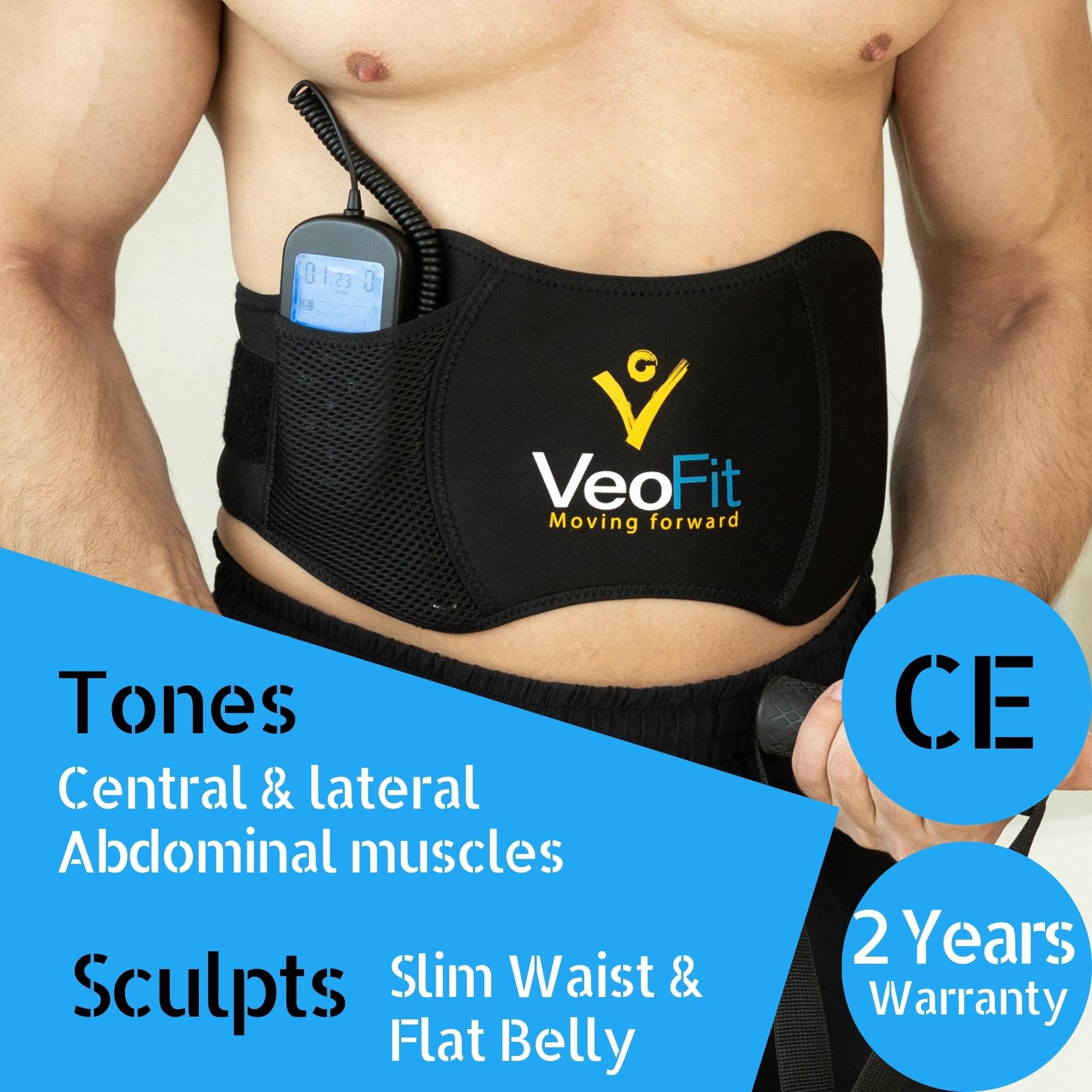 VEOFIT Ceinture Abdominale Electrostimulation et Musculation EMS- Appareil Electrostimulateur Musculaire Abdominaux Homme et Femme - 10 Programmes 99 Intensités - Sans fil, avec gel-Taille maxi 140 cm