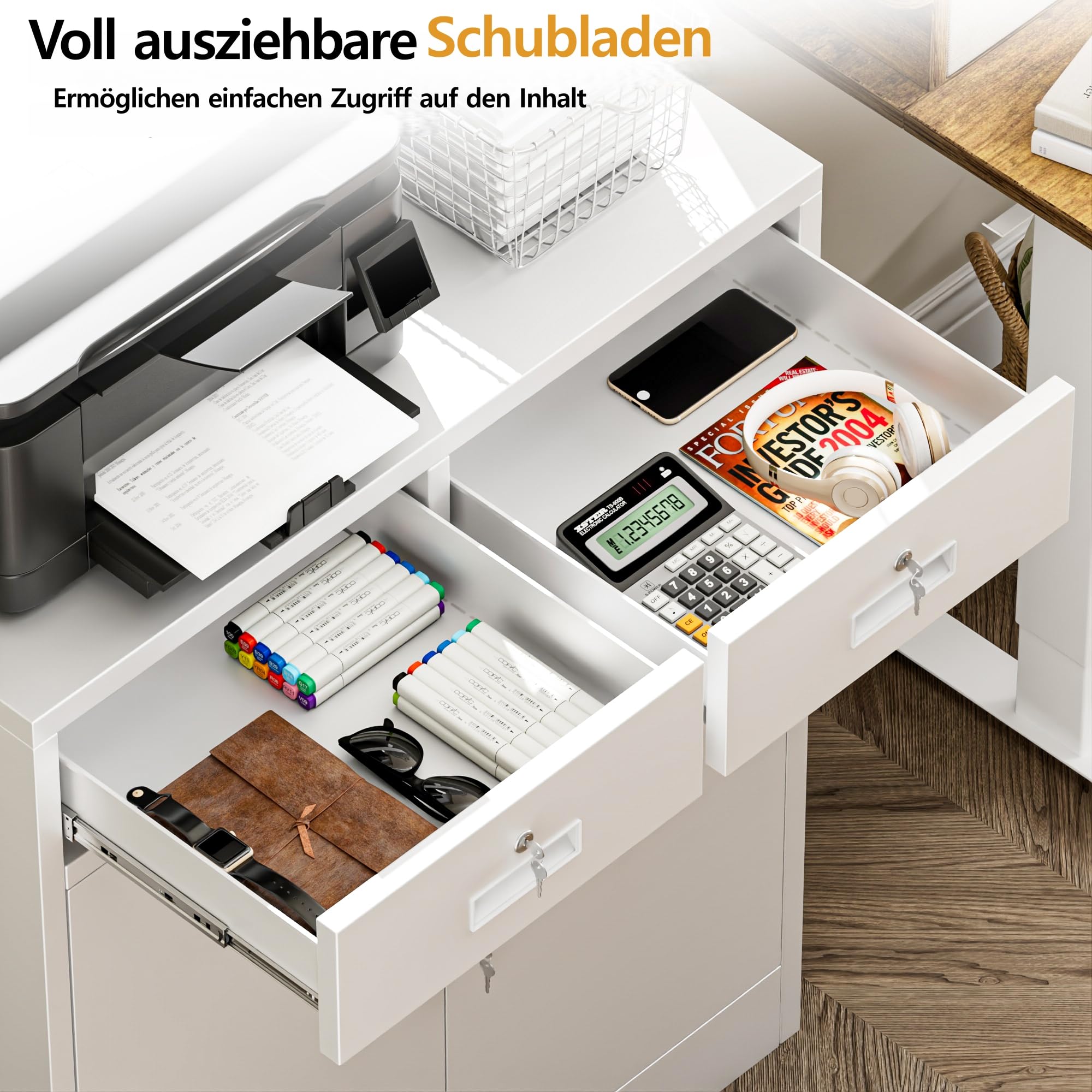 Armadietto multiuso, armadio da ufficio con 2 ante con serratura, armadietto in acciaio, 2 cassetti e 1 ripiano regolabile per ufficio, garage (bianco, 90 x 80 x 40)