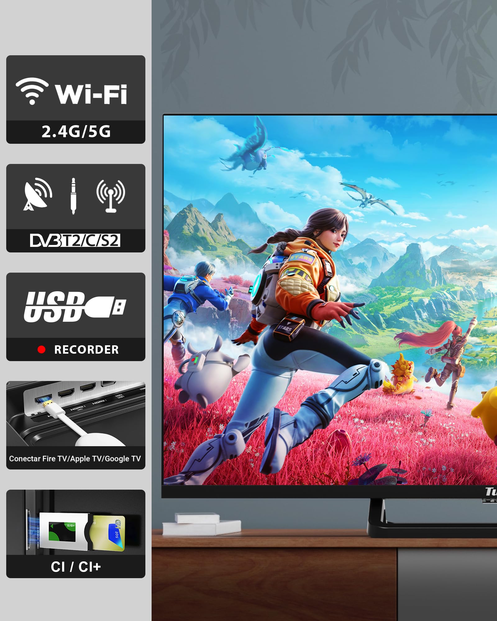 TuTu TUG32HQ1C Smart TV 32 Pollici, Google TV LED Televisori con Wi-Fi, Bluetooth 5.0, App Store, Triple Tuner (DVB-T/T2, DVB-C, DVB-S/S2), HDMI, USB, Base Centrale [2025]