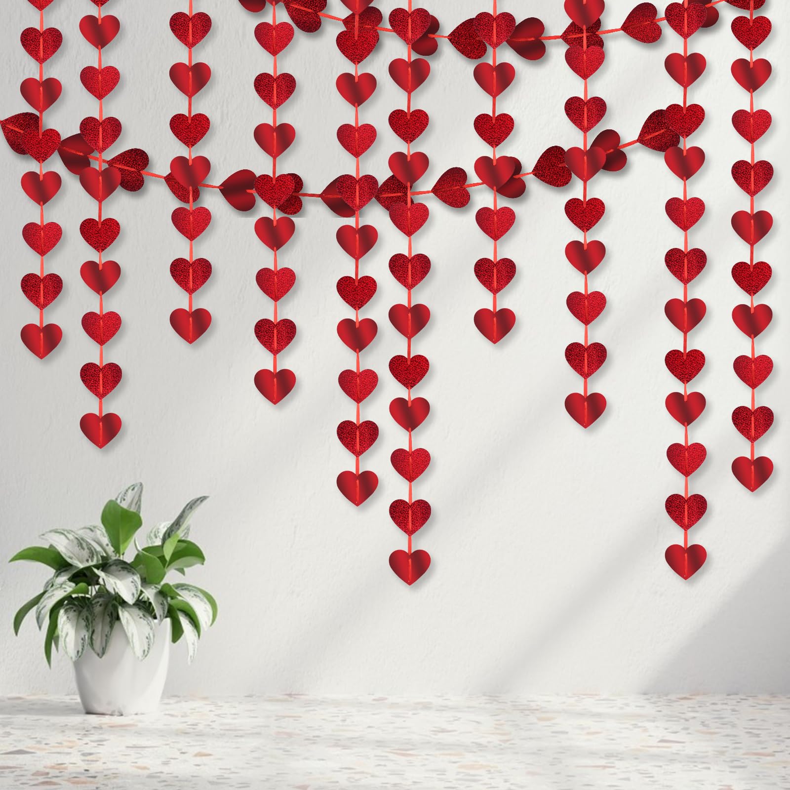 Red Hearts Hanging String Valentines Day Hearts Decorations, Red Hanging Heart Garland, Heart Bunting Banner Double Sided Valentines Hanging Garland for Engagement Wedding Valentine's Day Party