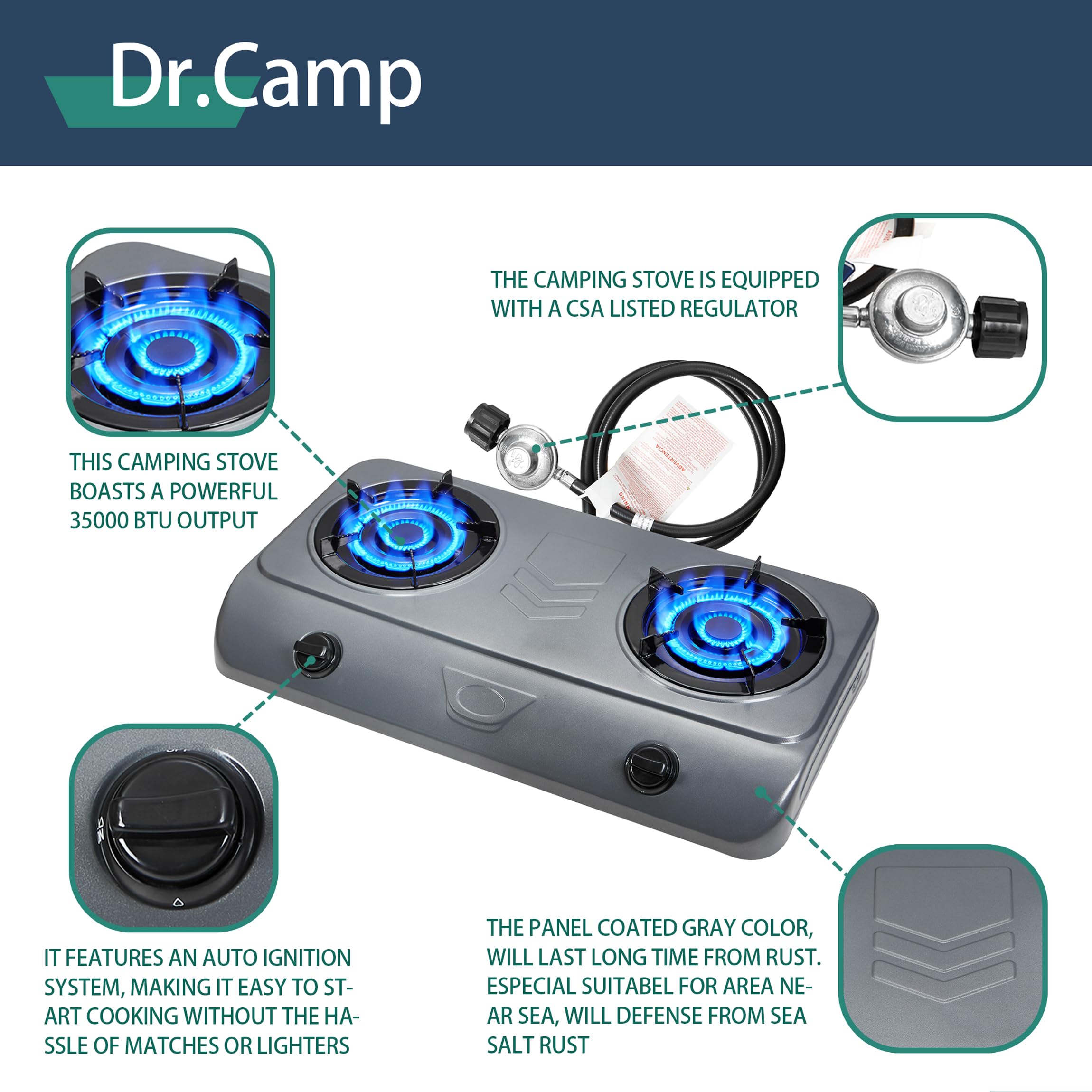 Dr.Camp 35000 BTU Super Power Automatyczne włączanie na kemping, wędrówki, ogród, podwórko, propan na zewnątrz, grill kuchenny z podwójnym palnikiem, w tym regulator CSA lista i wąż gazowy