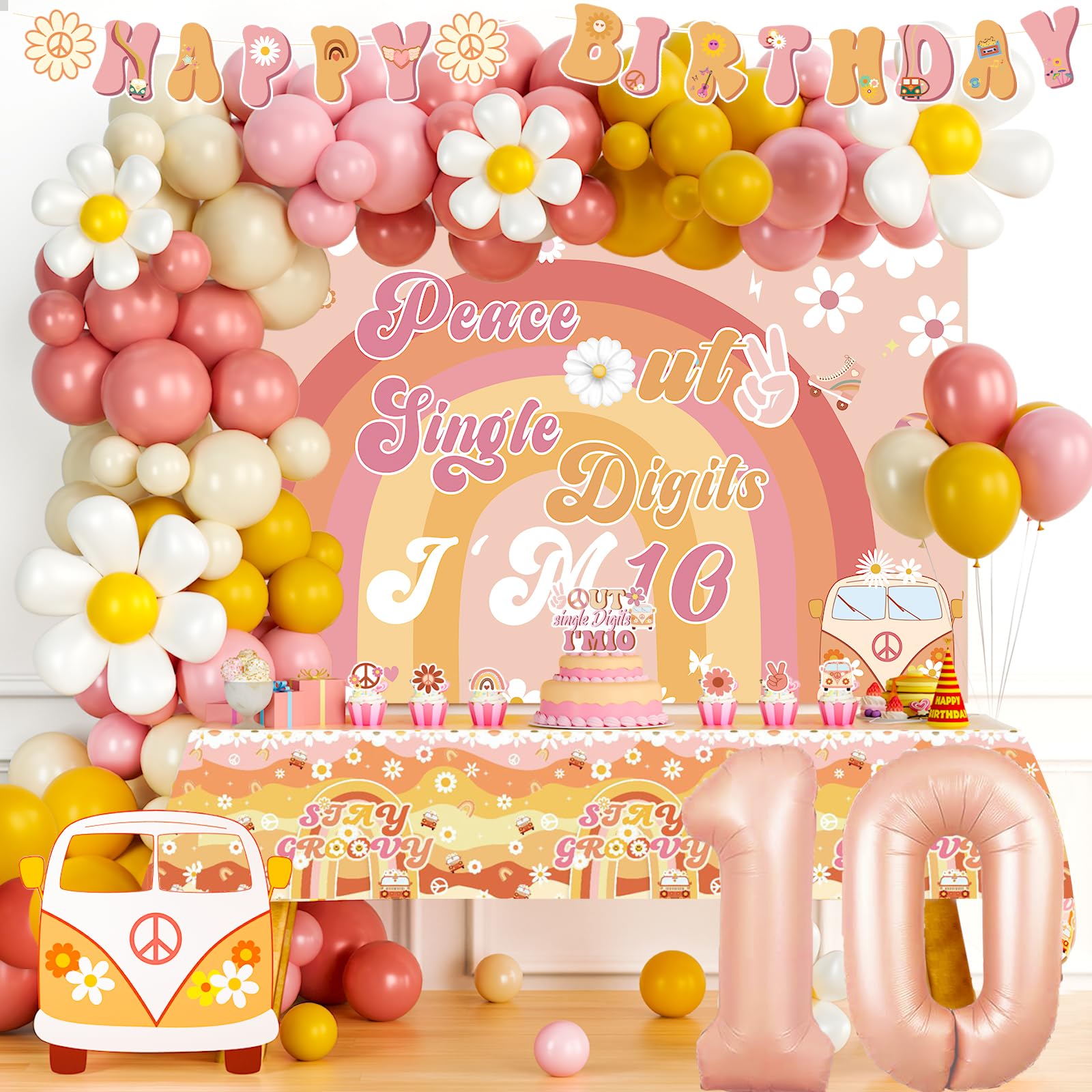 Photo 1 of Party Inspo Peace Out Single Digits Party Décor, 10th Birthday Decorations for Girl, Groovy I’m 10 Backdrop Banner Cake Topper Number 10 Foil Balloon for Boho Ten is a Vibe Birthday Party