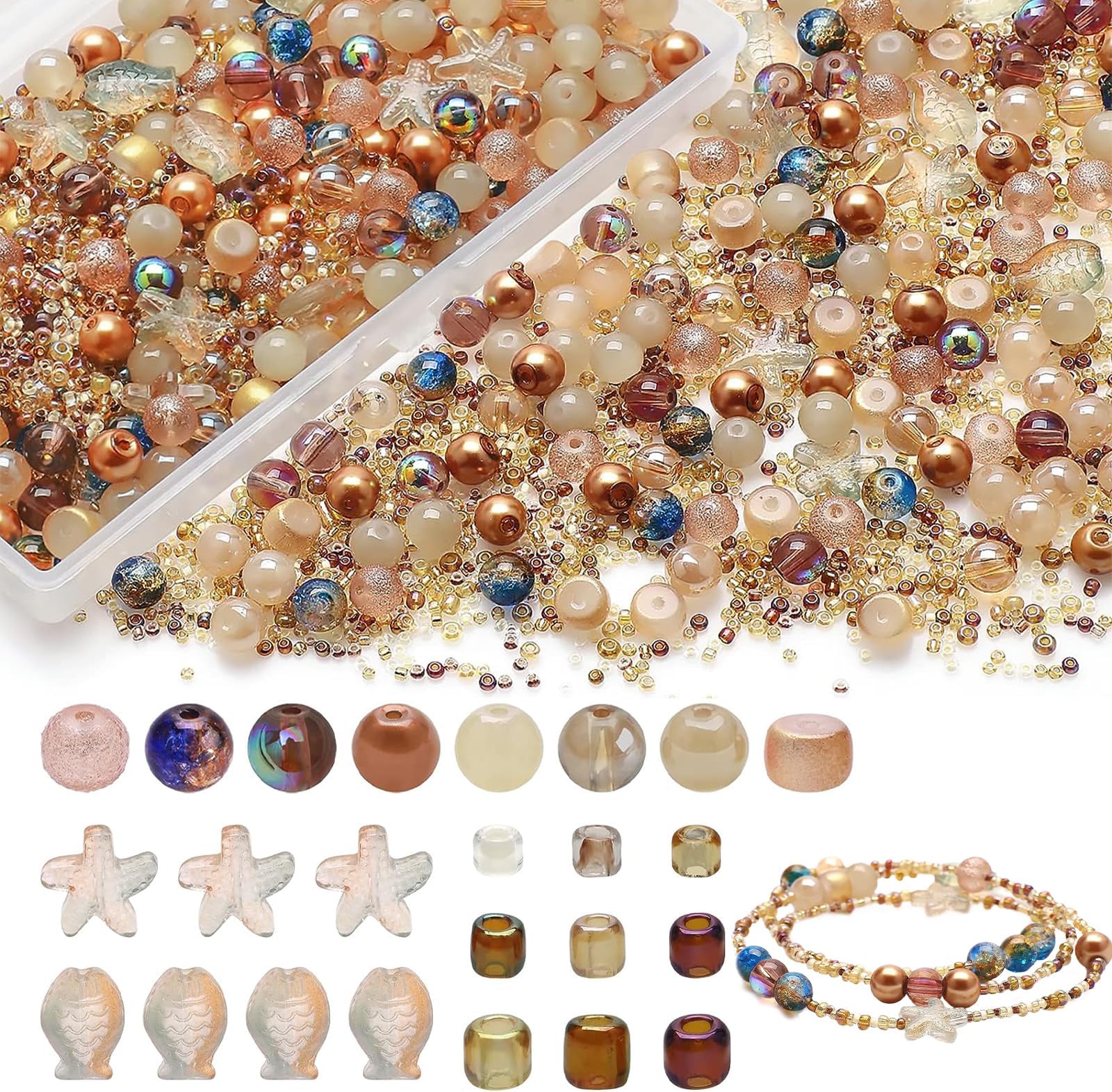CeruleTree Glass Beads for Bracelet Making Colorful Crystal Beads for Jewellery Making Kit DIY Bracelet Making Set Spacer Beads 8MM Assorted Beads Ocean Starfish Beads and Seed Beads (Brown)