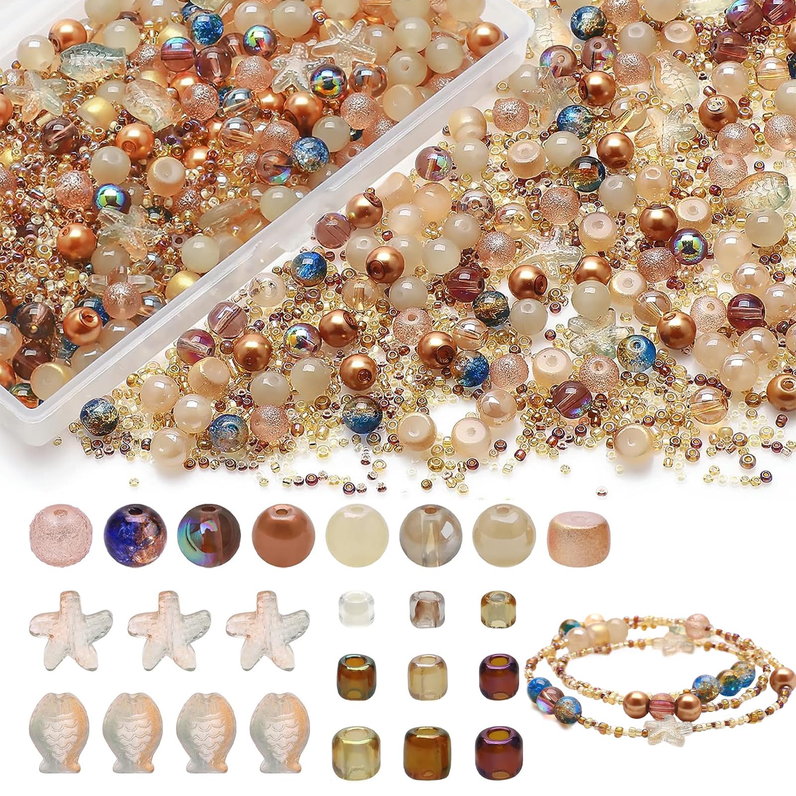 CeruleTree Glass Beads for Bracelet Making Colorful Crystal Beads for Jewellery Making Kit DIY Bracelet Making Set Spacer Beads 8MM Assorted Beads Ocean Starfish Beads and Seed Beads (Brown)
