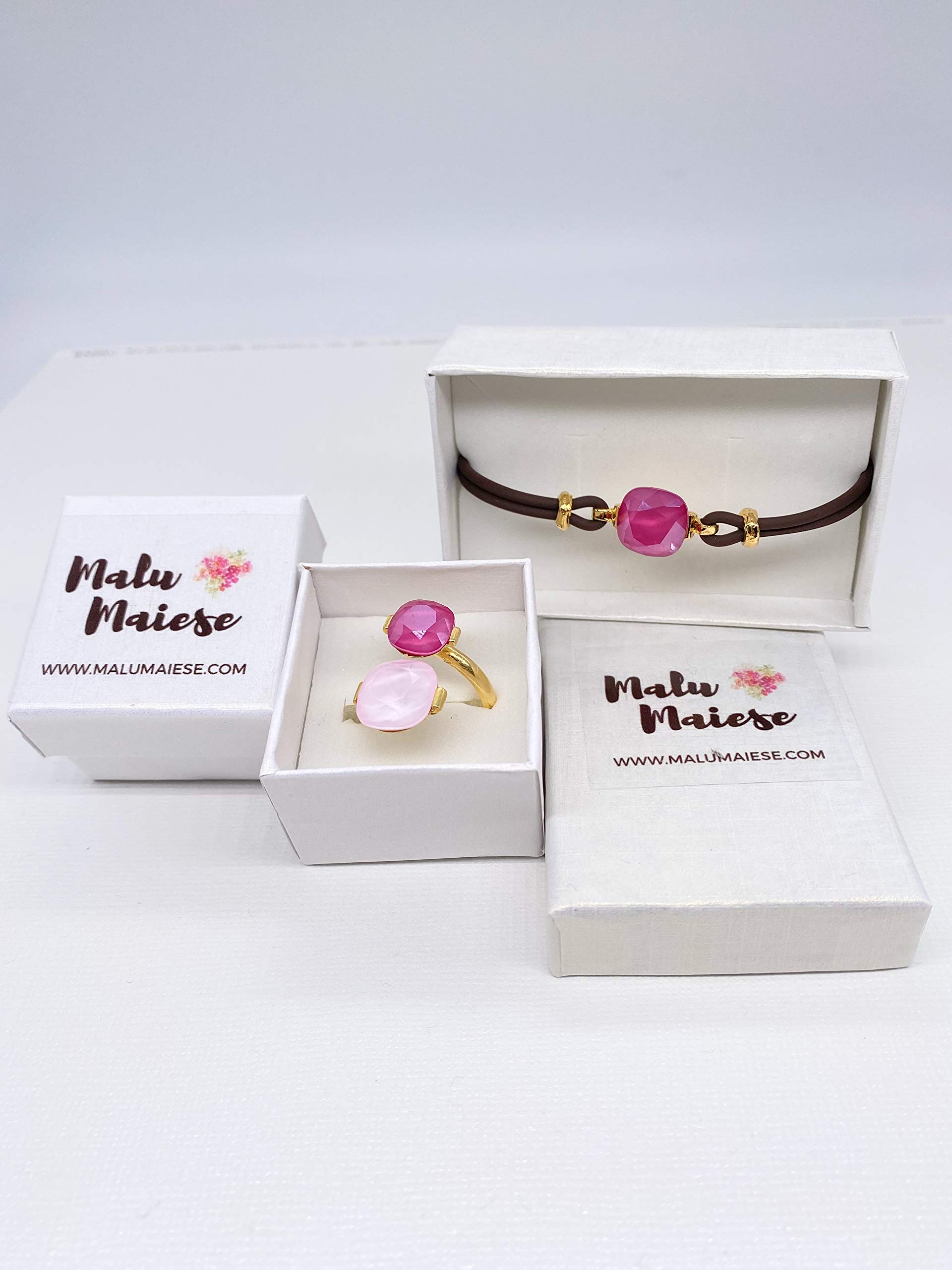 Pulsera de caucho marrón y cristal, base dorada chapada en oro 18k, tamaño ajustable, diseno exclusivo, regalos para mujer