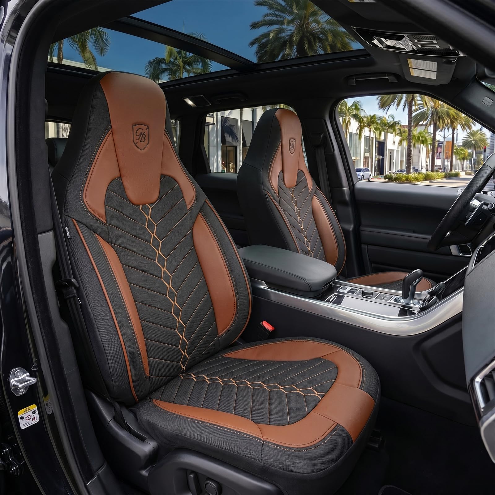 Autositzbezüge Universal für PKW & SUV – Premium Vordersitze Auto Sitzbezug aus Leinen, Schwarz-Terrakotta, Airbag-Kompatibel Sitzauflage, Autoschonbezug, Komplett Set inkl. Montageset