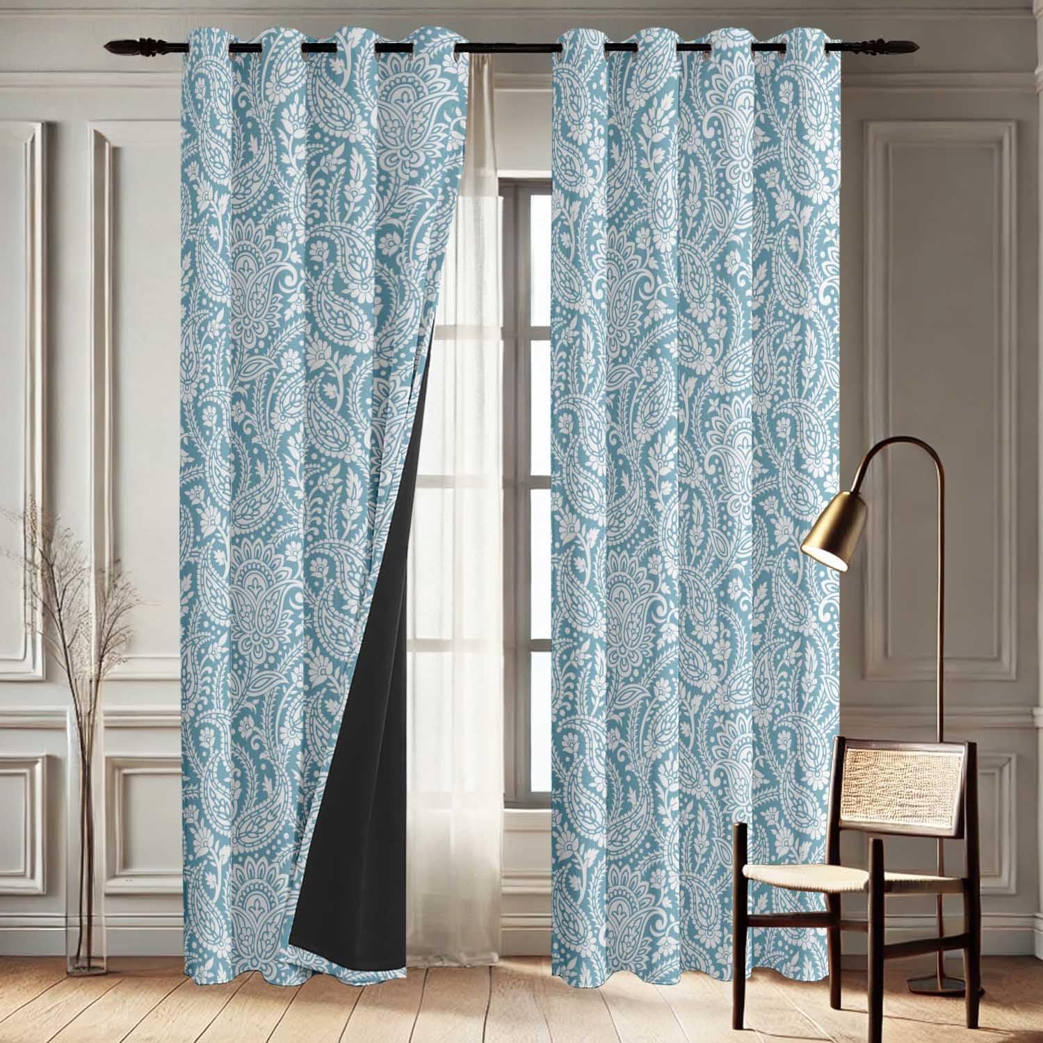 Elegant Paisley Delight Pattern Curtains - Set of 2 Blackout Panels, 42 x 63 Inches - Noise Reducing & Energy-Efficient Room Darkening Window/Door Drapes for Modern Home Decor - Blue