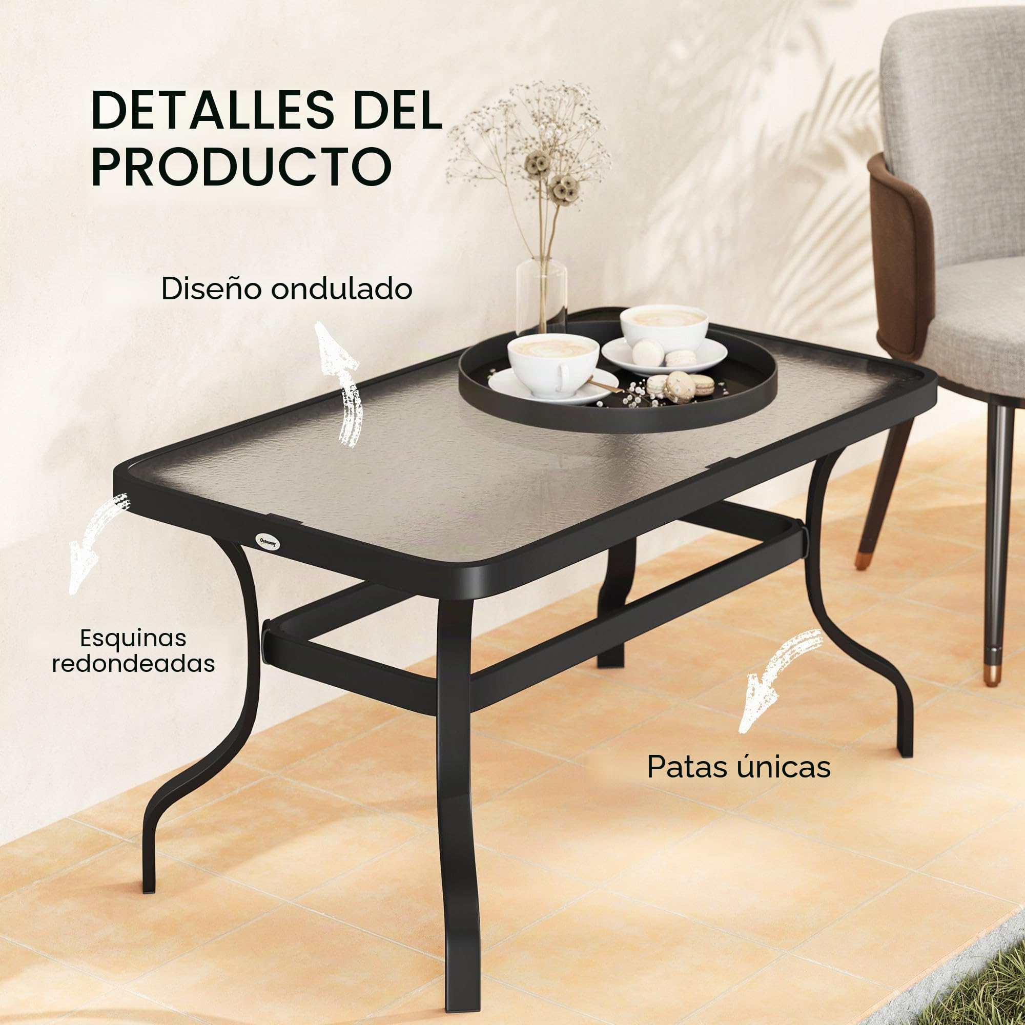 Outsunny - Mesa auxiliar de jardín rectangular con tapa de cristal templado para exterior, terraza, balcón, 95 x 55 x 46 cm, color negro