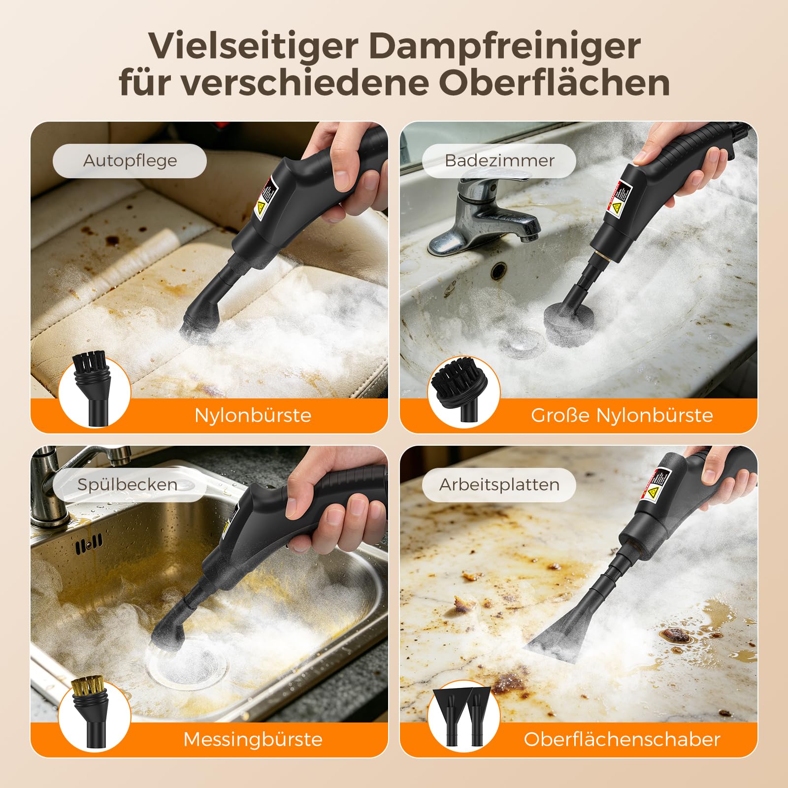 Dampfreiniger Handgerät, 2500W,Chemikalienfreier Handdampfreiniger –Hochdruck-Dampf gegen Schmutz Fett & Bakterien, 3 Bar Steam Cleaner für Haushalt, Küche, Bad, Fenster, Polster & Auto