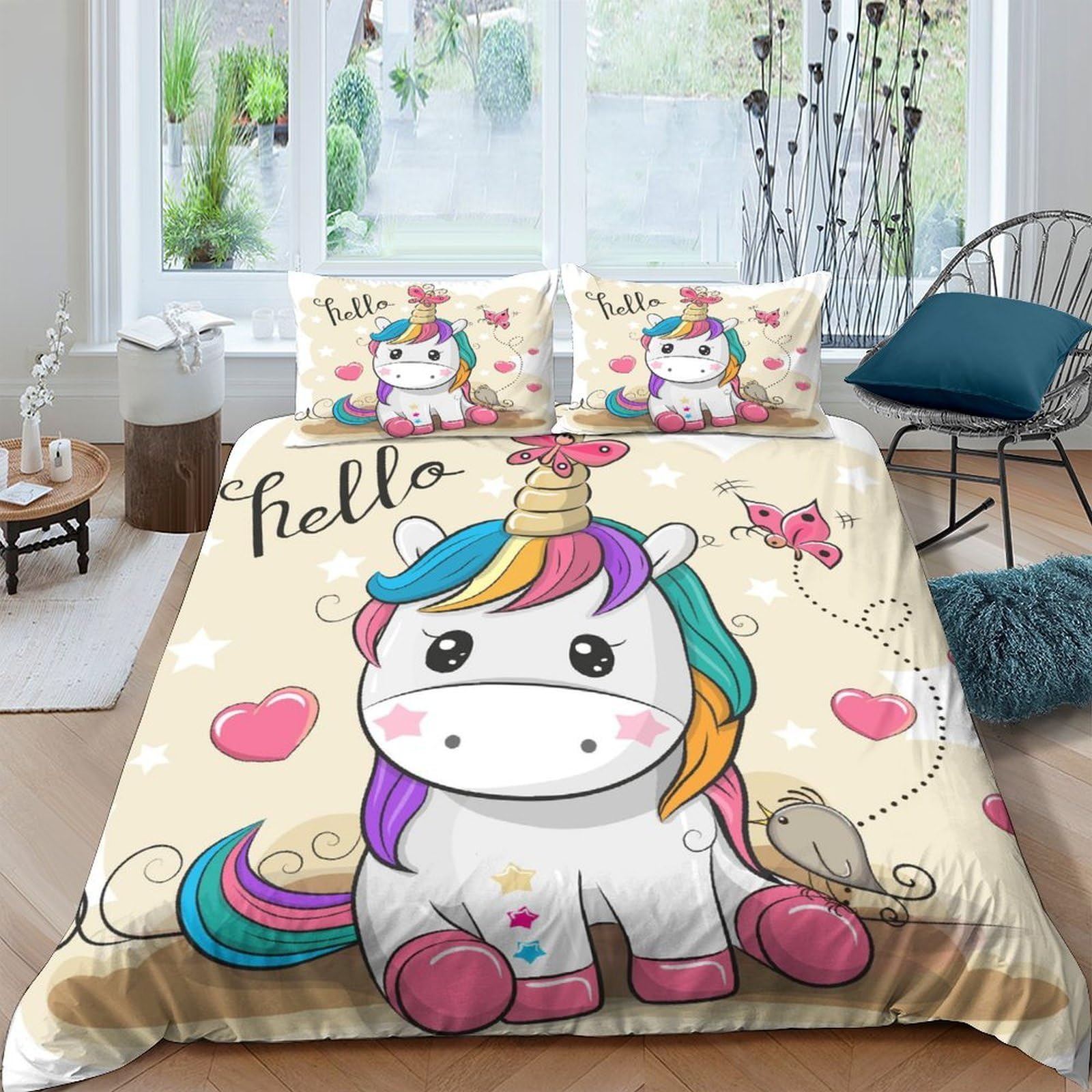 TUFRTGYHN 3D Printed Cute Unicorn Duvet Cover Set Microfiber Soft Breathable Rainbow Heart Bedding with 2 Pillowcases for Bedroom Decor Single（135x200cm）