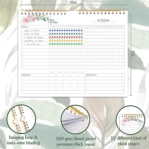 Miniatura 10 de Calendario de seguimiento de hábitos  12 meses sin fecha, diario, semanal y mensual, planificador de hábitos florales amarillo para aumentar la