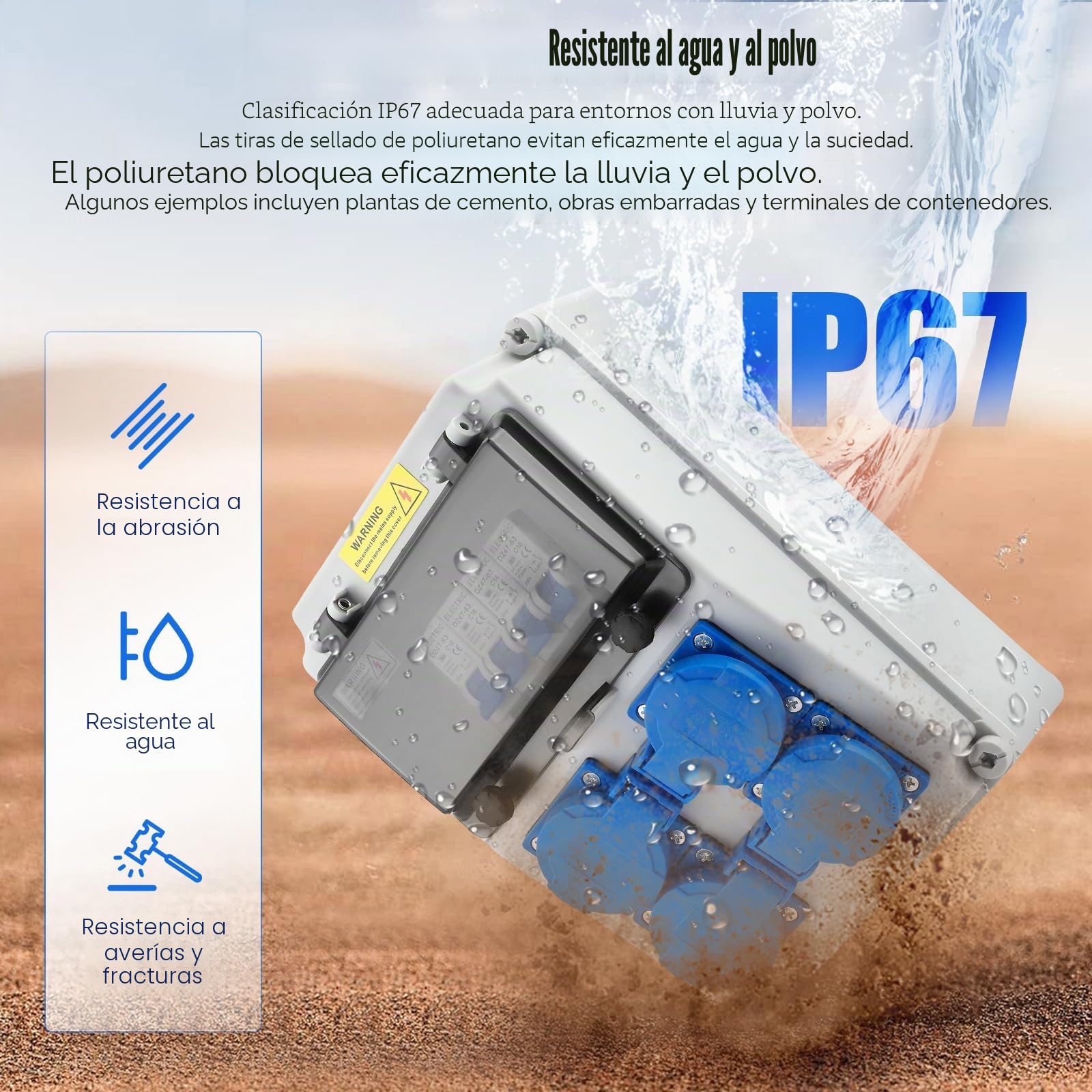 Caja de Distribución Eléctrica para Obra 16A, Distribuidor de Corriente 230V para Construcción IP67 para Montaje en Pared con con 4 Enchufes Schuko Disyuntor, para Talleres, Fábricas y Obras