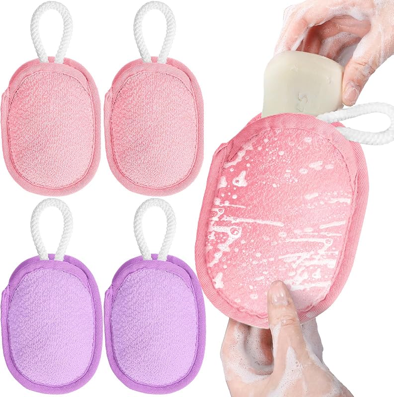 Esponja Ensacada Esfoliante Sunnyray Rosa e Roxa, Pacote com 4
