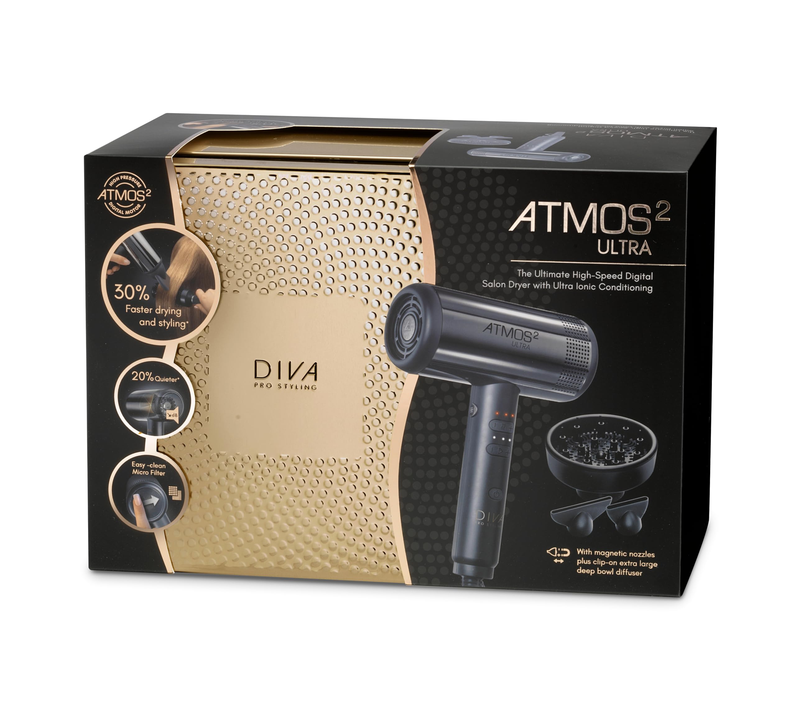 Diva Pro Styling Atmos 2 Ultra | Séchoir professionnel léger pour salon | Moteur numérique sans balais nouvelle génération