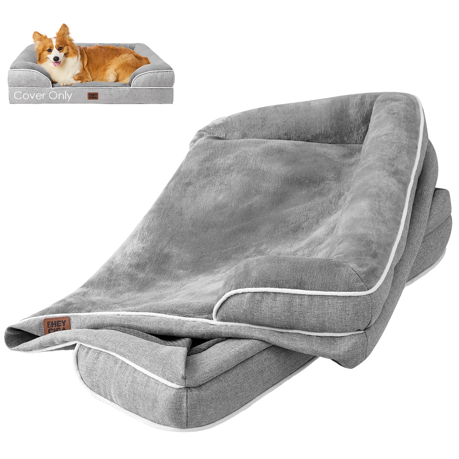 EHEYCIGA Dog Bed Cover Replacement for Large Dog Bed, Waterproof Washable Removable Cover for Orthopedic Memory Foam Dog Sofa, Non-Slip Bottom, Grey, Cover Only