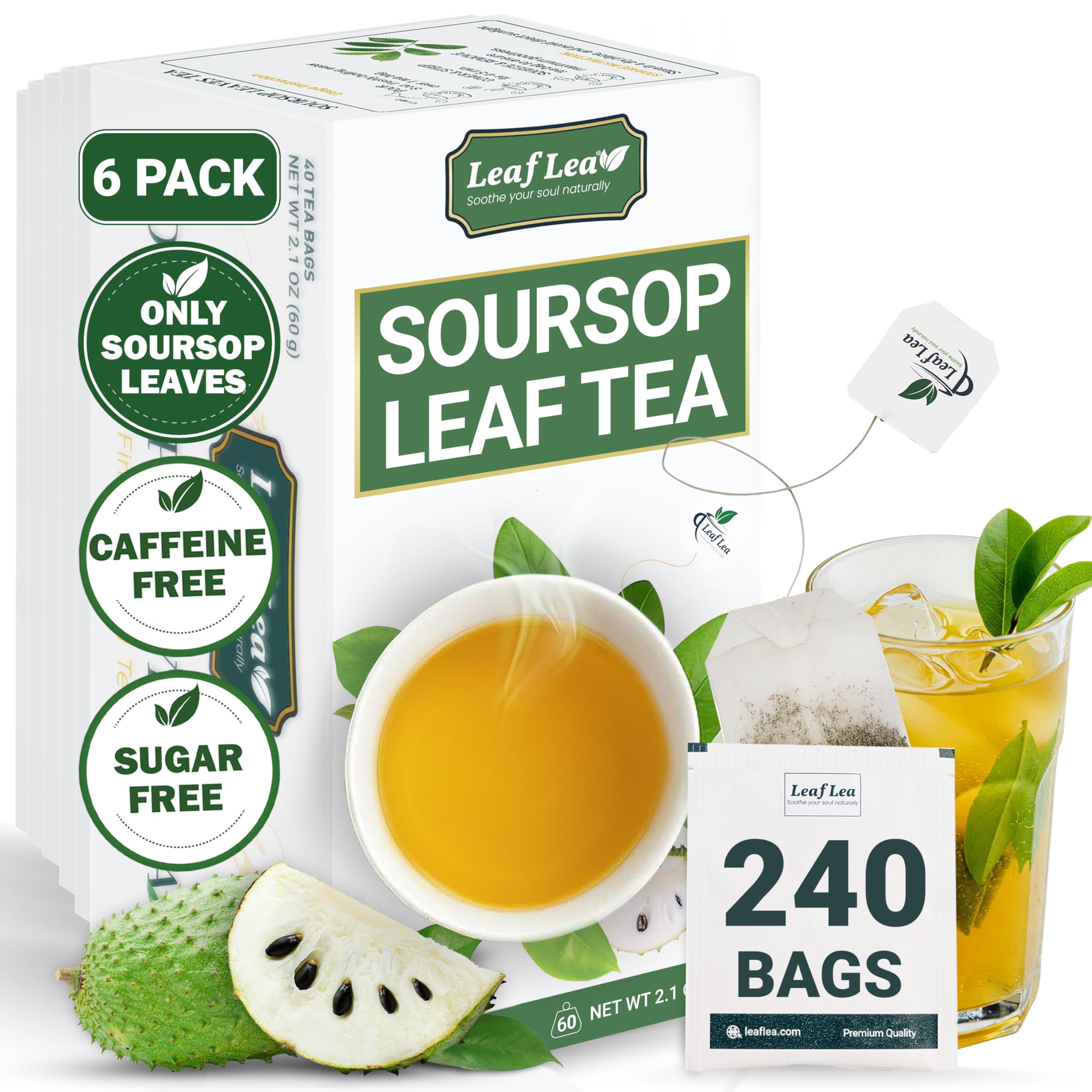 LeafLea240 Premium Soursop Leaf Tea Bags, 100% Dried Soursop Graviola Leaves with a Smooth, Earthy Flavor, Hoja Guanabana Leaf Herbal Tea Bags for Natural Digestion Support, No Caffeine, Sugar-Free