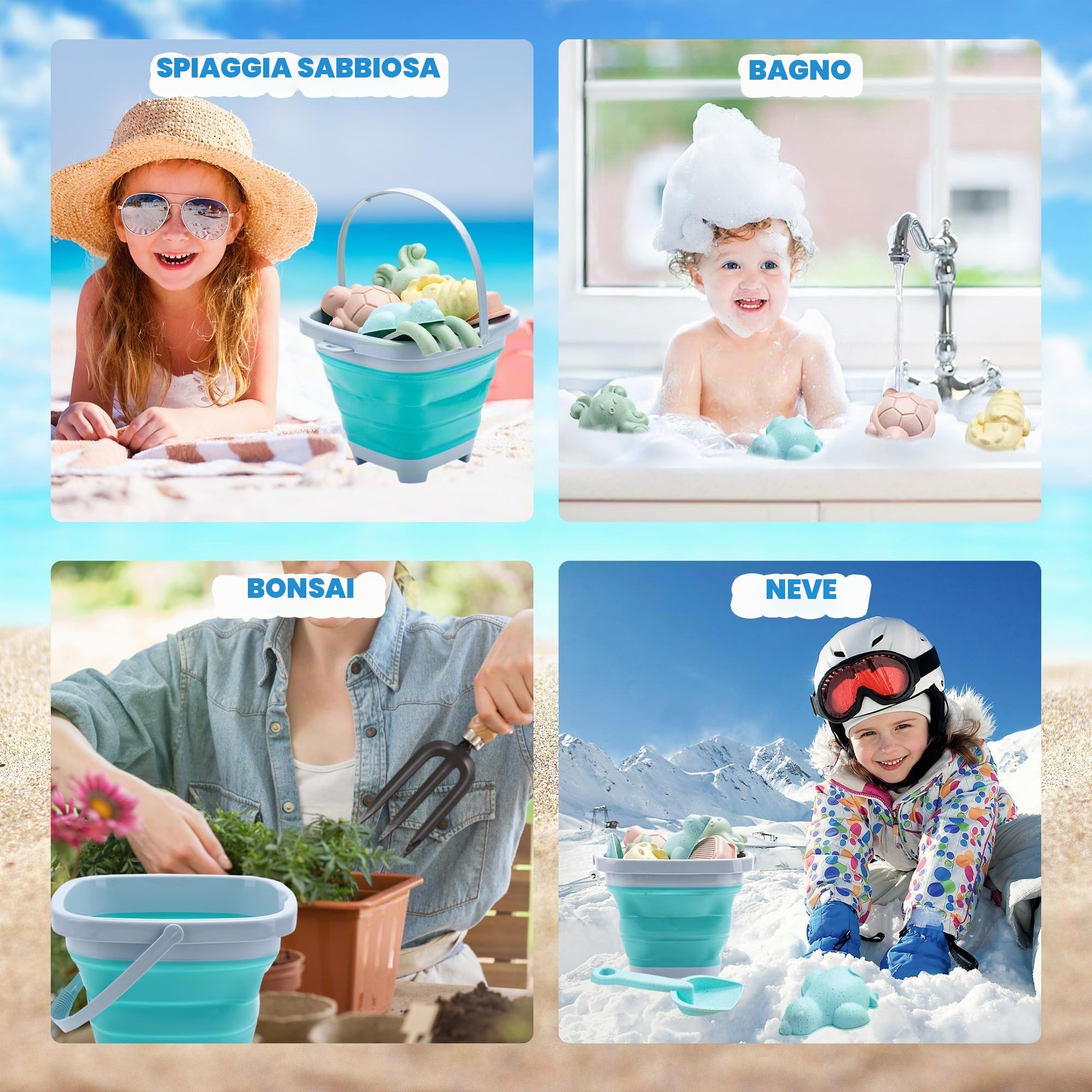 12 pezzi di sabbia con secchio pieghevole, pala, pirottini, bollitore, borsa in rete, giocattolo da spiaggia, giocattolo da giardino per bambini, ragazze, ragazzi